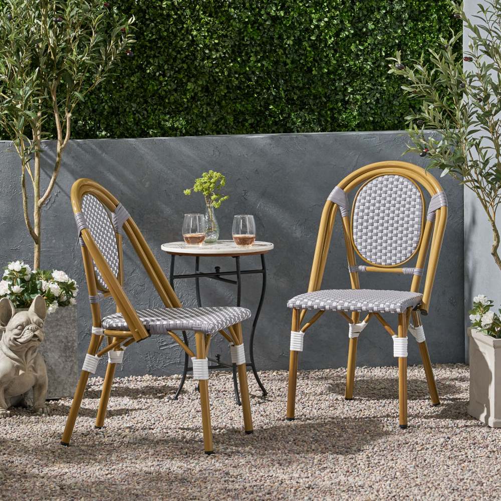 Coolbibila Outdoor PE Rattan Patio Dining Chairs Set Of 2 Aluminum French Bistro Chair With White gray Bamboo Print Finish Patio Garden Armless Chair
