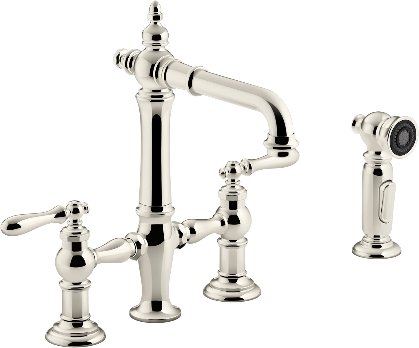 KOHLER K-76520-4-SN Artifacts Vibrant Polished Nickel Double Handle Deck-mount Bridge Kitchen Faucet ( Side Sprayer Included )
