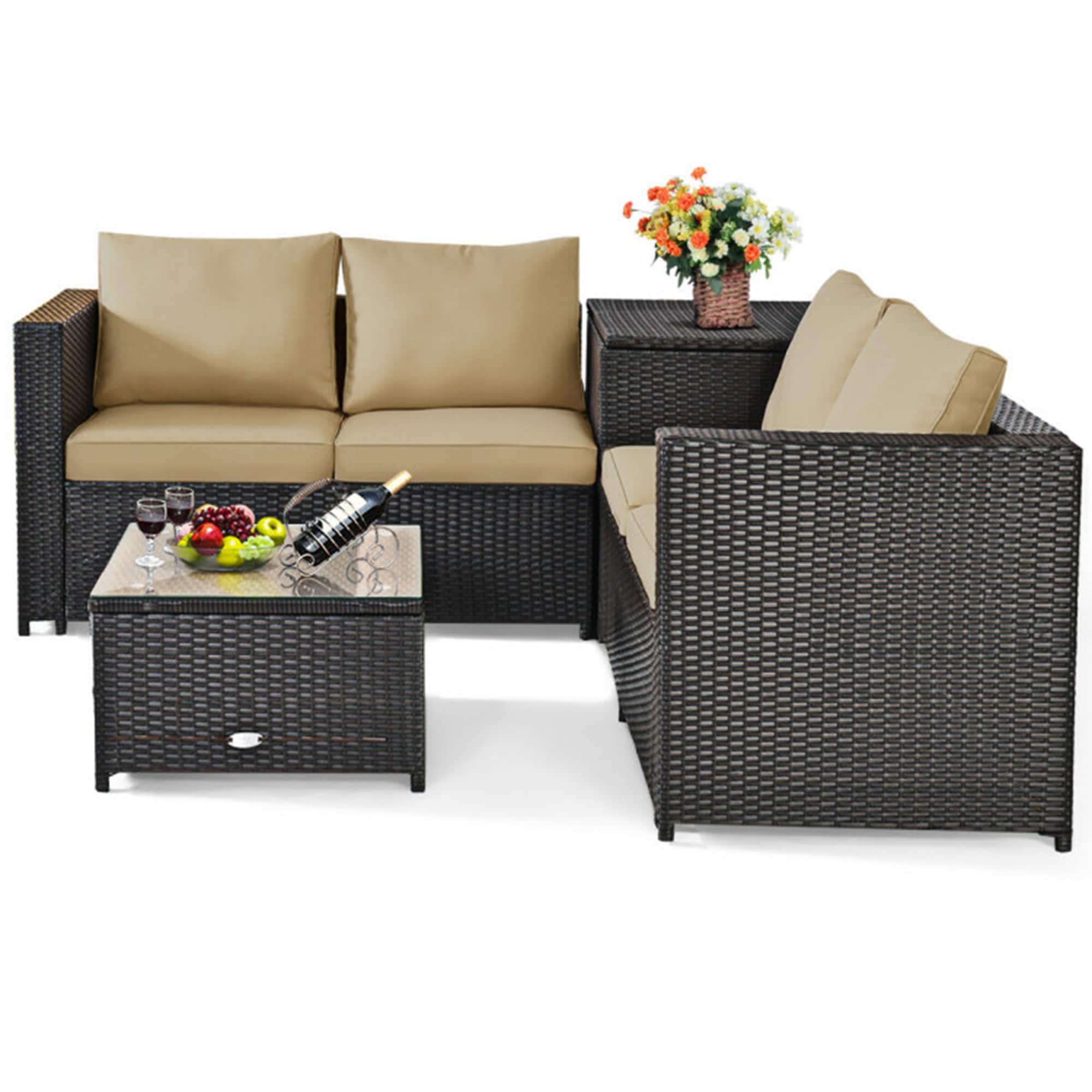 Brown 4-Piece Rattan Wicker Outdoor Patio Set with Cushions