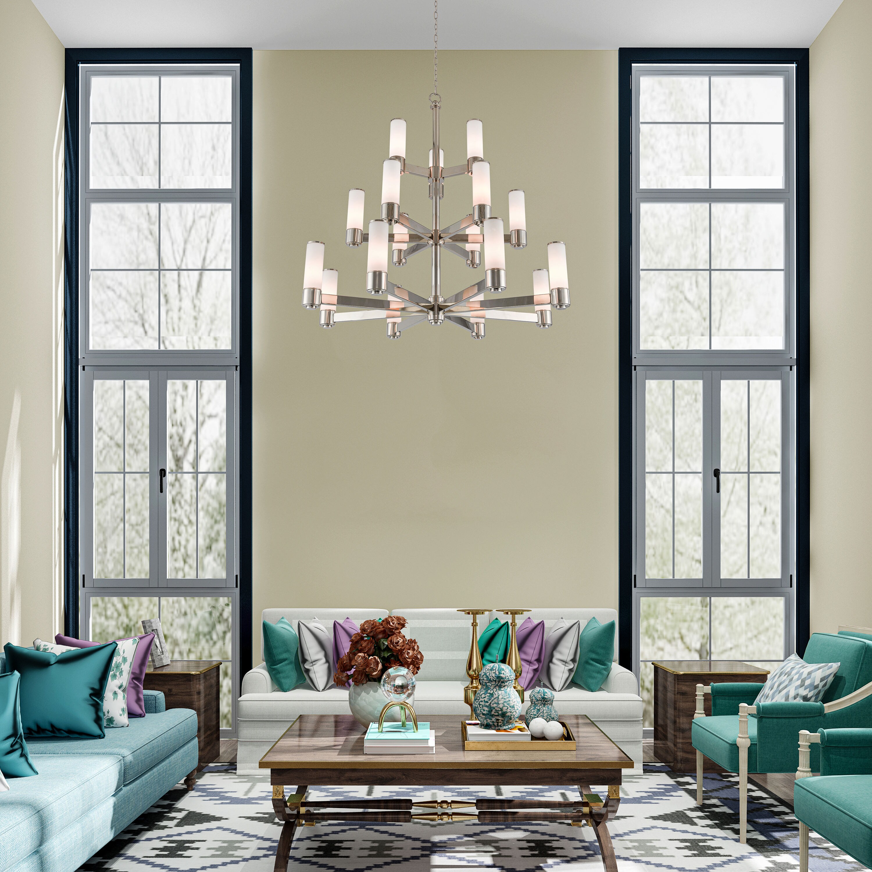 Polished Nickel 17-Light Chandelier with Satin Opal Glass