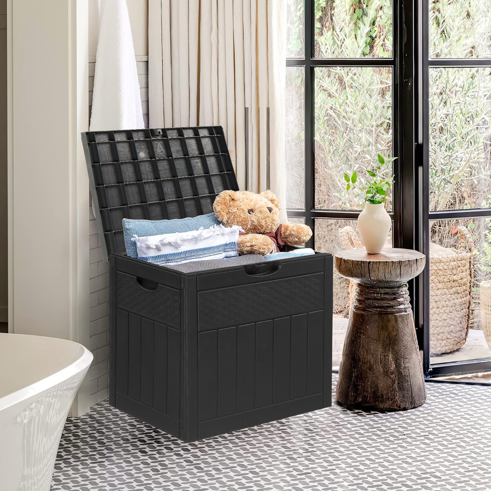 Outopee Deck Box 16.9-in L x 21.9-in 33-Gallons Gray Plastic Deck Box ...