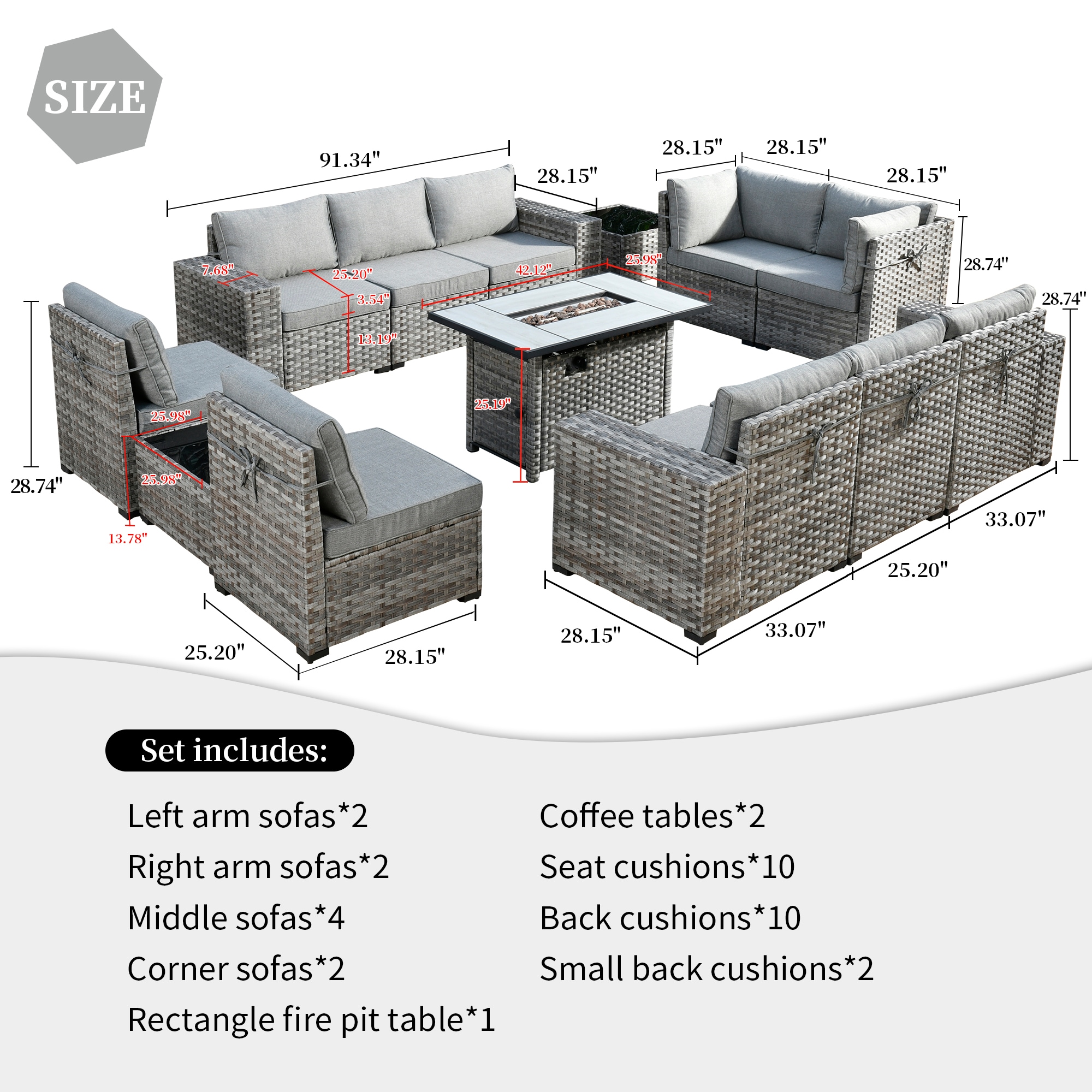 Ovios 13-Piece Wicker Patio Conversation Set with Gray Cushions in the ...