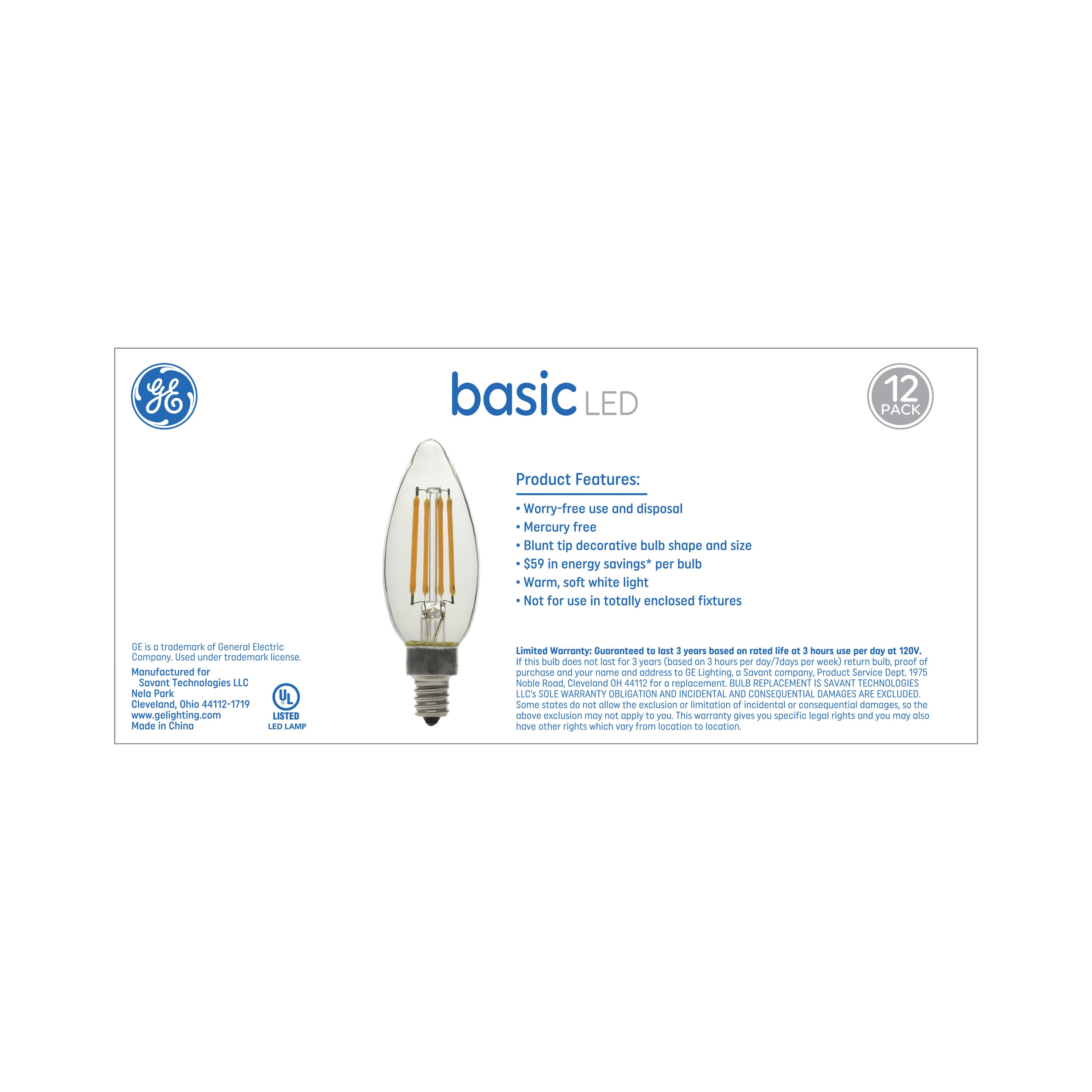 GE Basic 60-Watt EQ B12 Soft White Candelabra Base (e-12) Dimmable LED ...