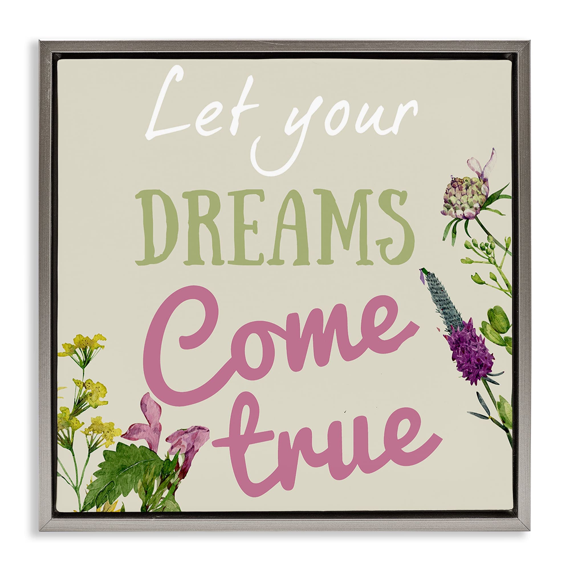 Stupell Industries BS-433-FFL-17X17 Dreams Come True with Florals Gray Framed Floater Canvas Wall Art By Kim Allen 18 x 18