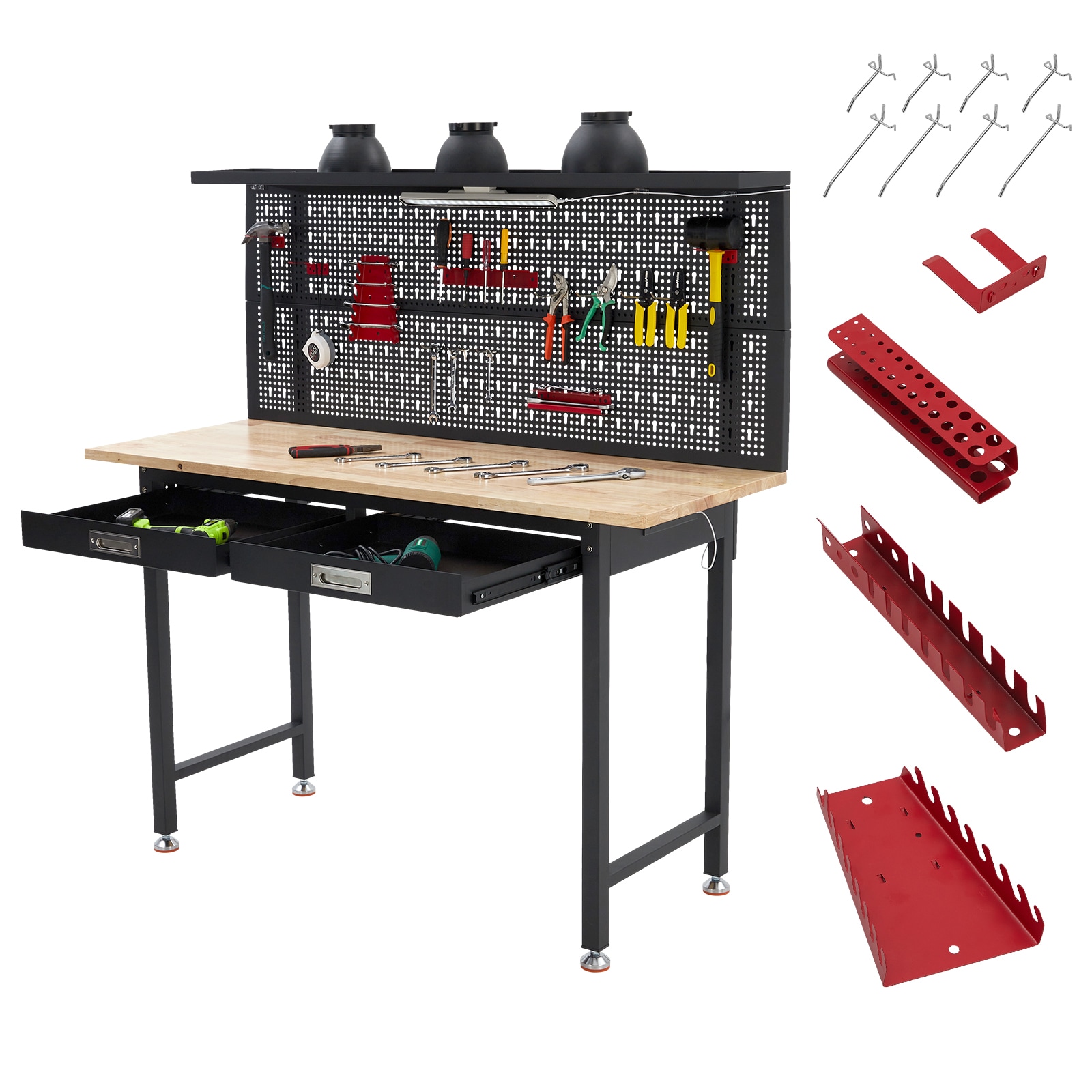 IdealHouse 60in Heavy Duty Wooden Workbench with Drawers Industrial Garage Work Table with Pegboard Adjustable Feet Built-in Power Strip for Garage Home or Office