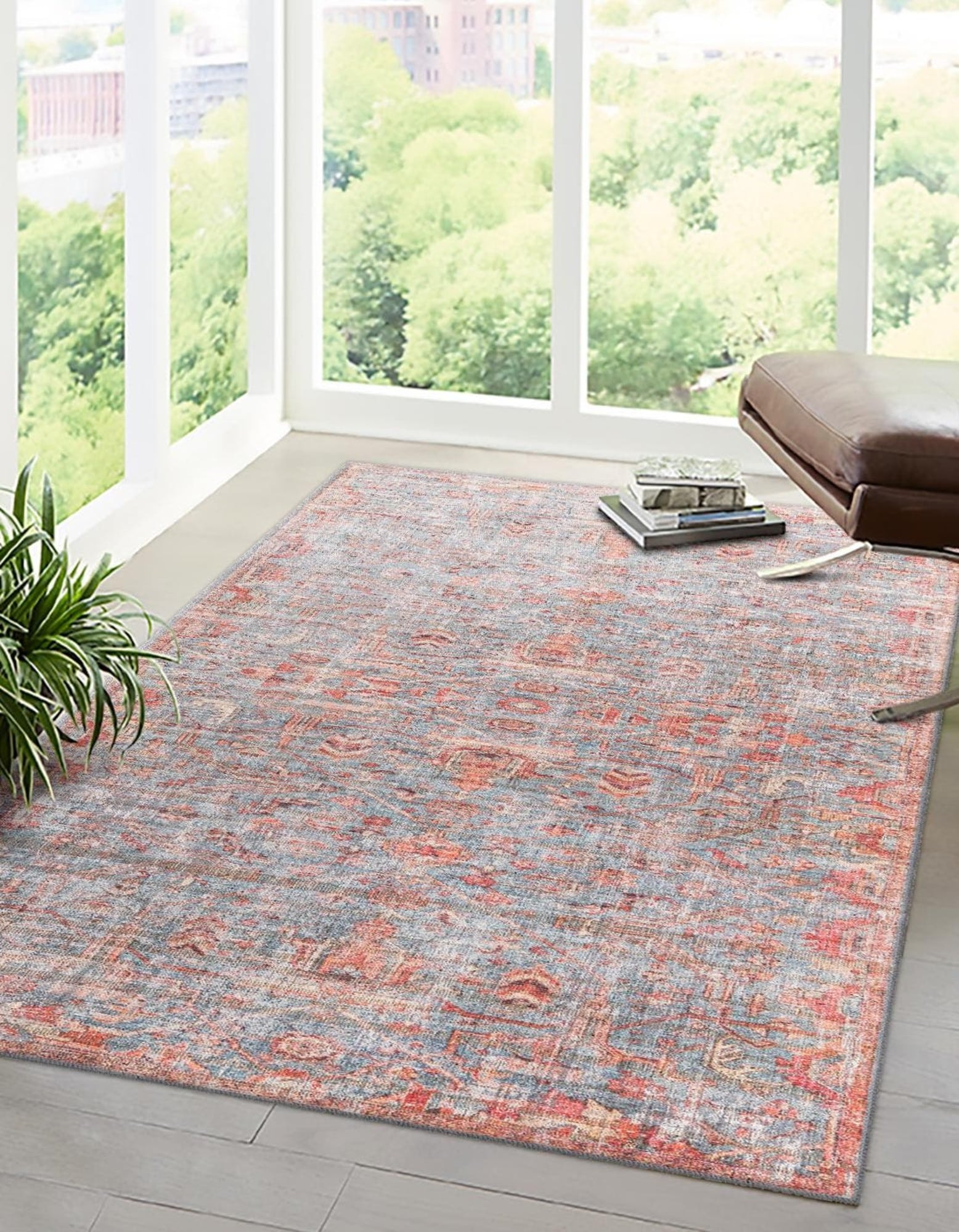Antique Blue and Pink Washable Synthetic Area Rug 9' x 12'