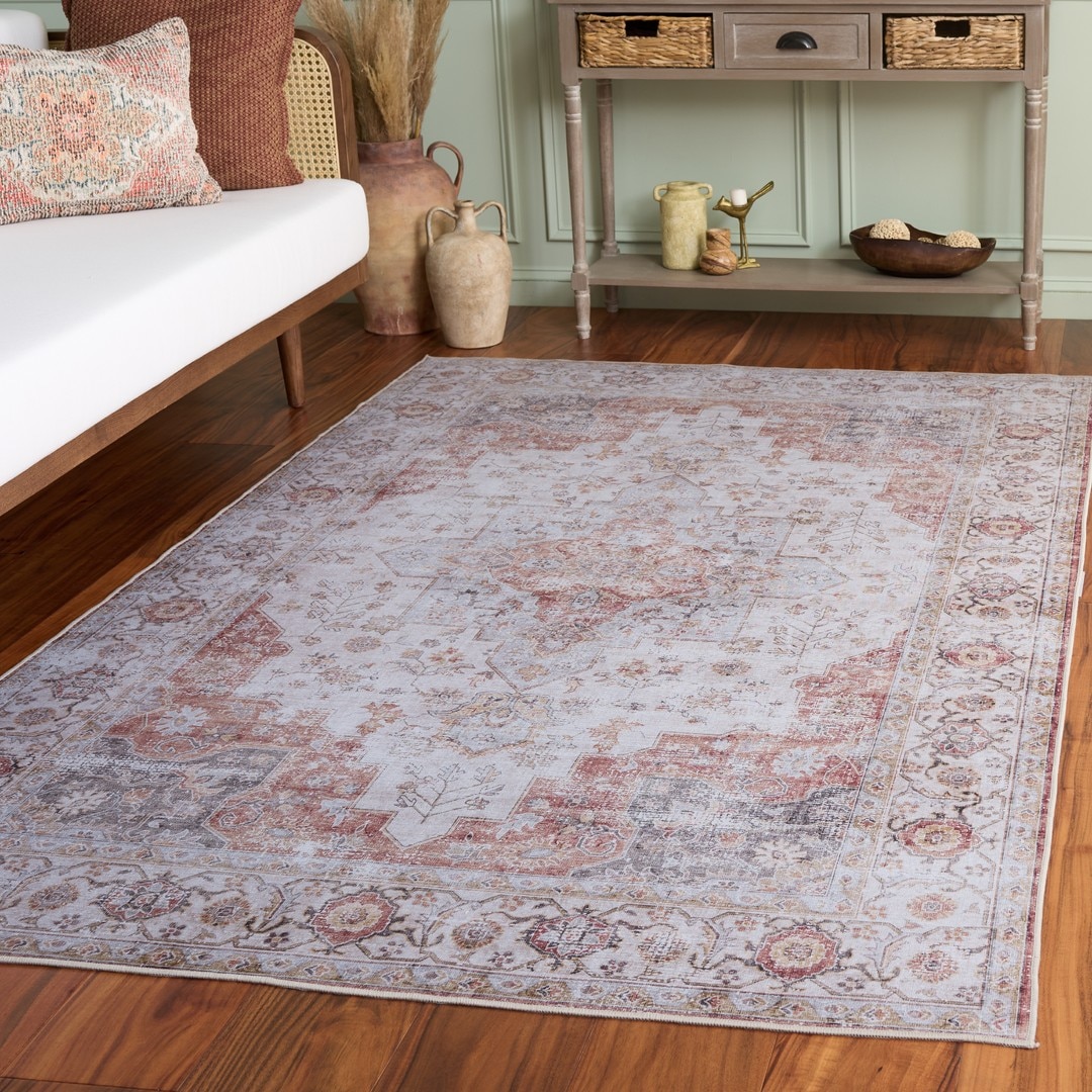 Tucson Vintage Persian 105F Light Grey Rust Machine Washable/Slip Resistant 6ft x 9ft Traditional Rug