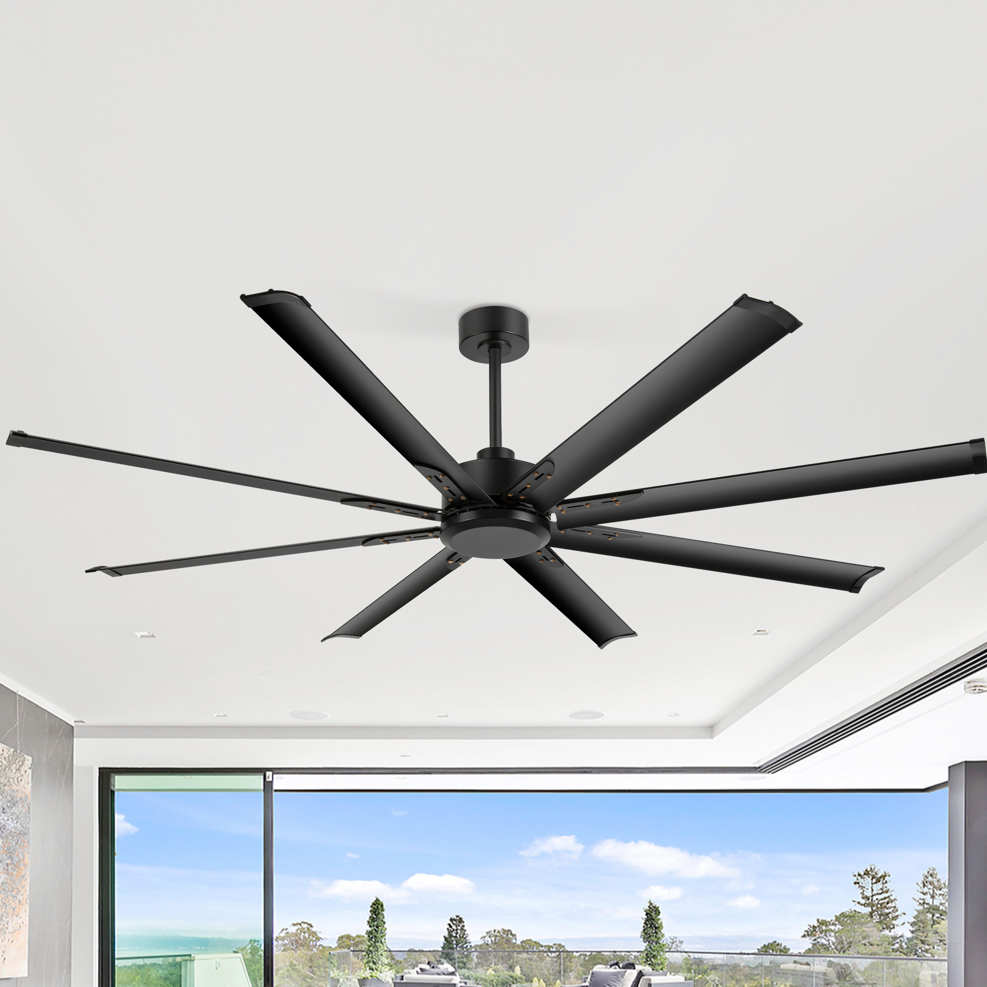 Breezary 29005-BK 72-in Matte Black with Black aluminum Blades Ceiling Fan Without Light - Remote Included ( 8 -Blade )