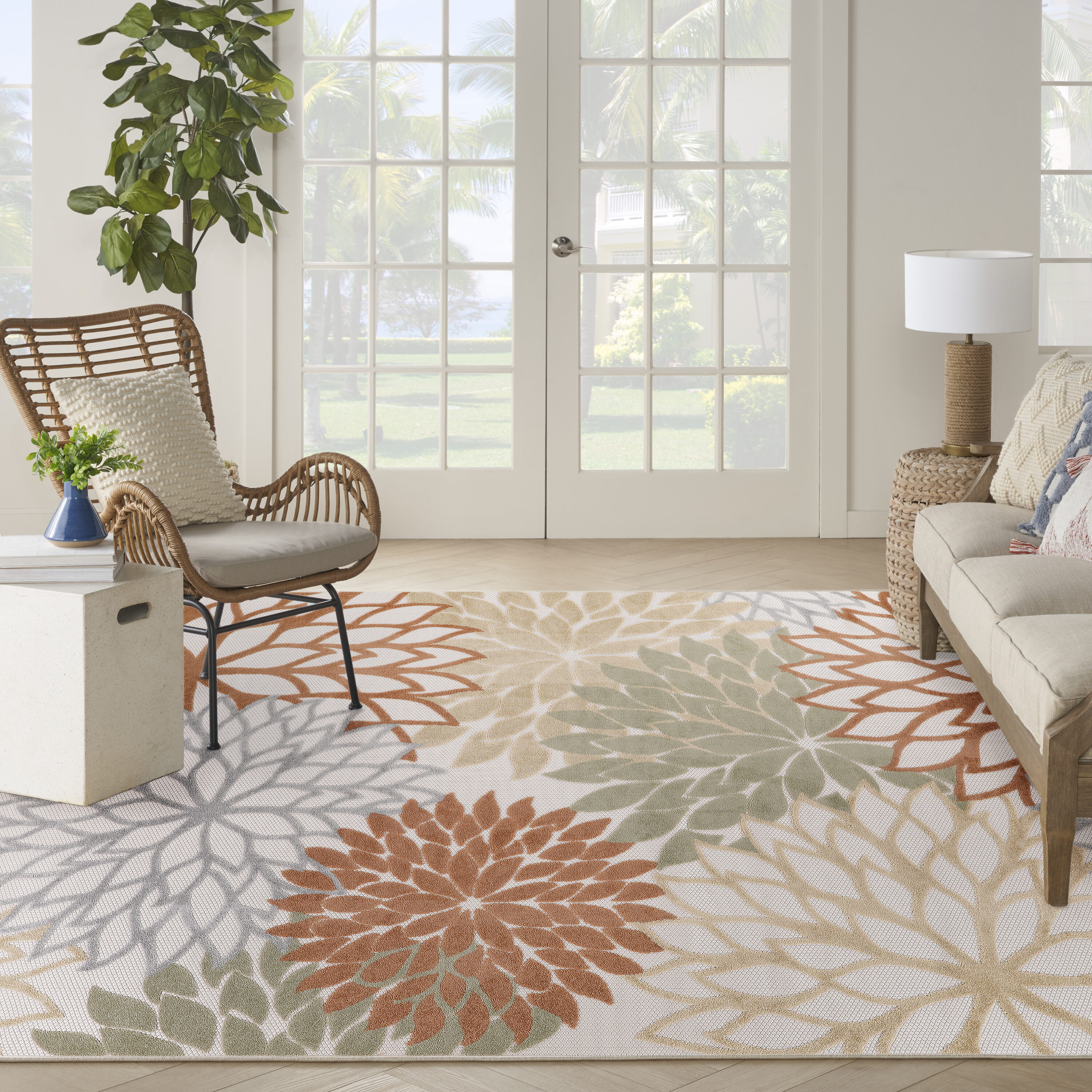 Nourison Home 099446921246 8 x 11 (ft) Loomed Polypropylene Ivory Multicolor Rectangular Indoor/Outdoor Floral/Botanical Tropical Area rug