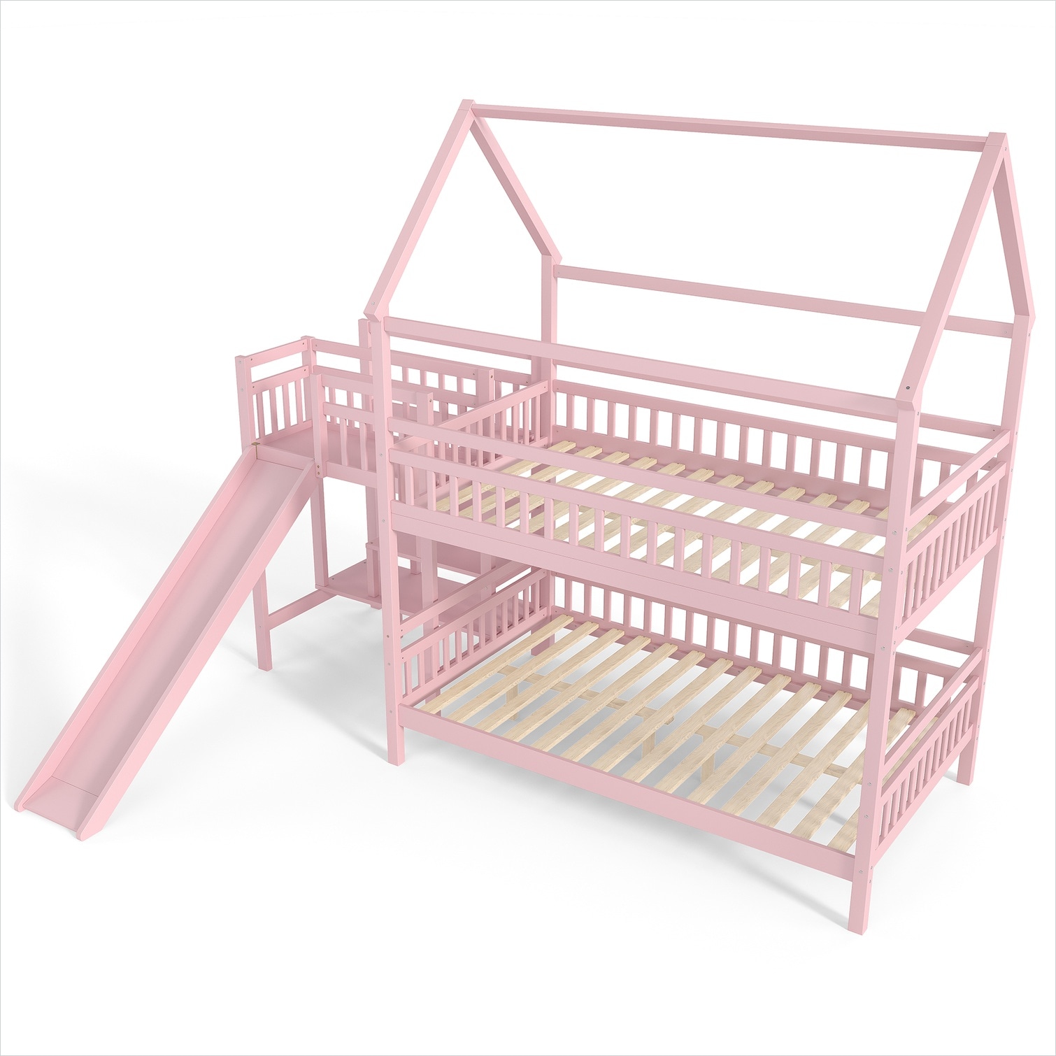SunJet Pink-Toned House-Shaped Bunk Bed with Slide and Storage Stairs ...