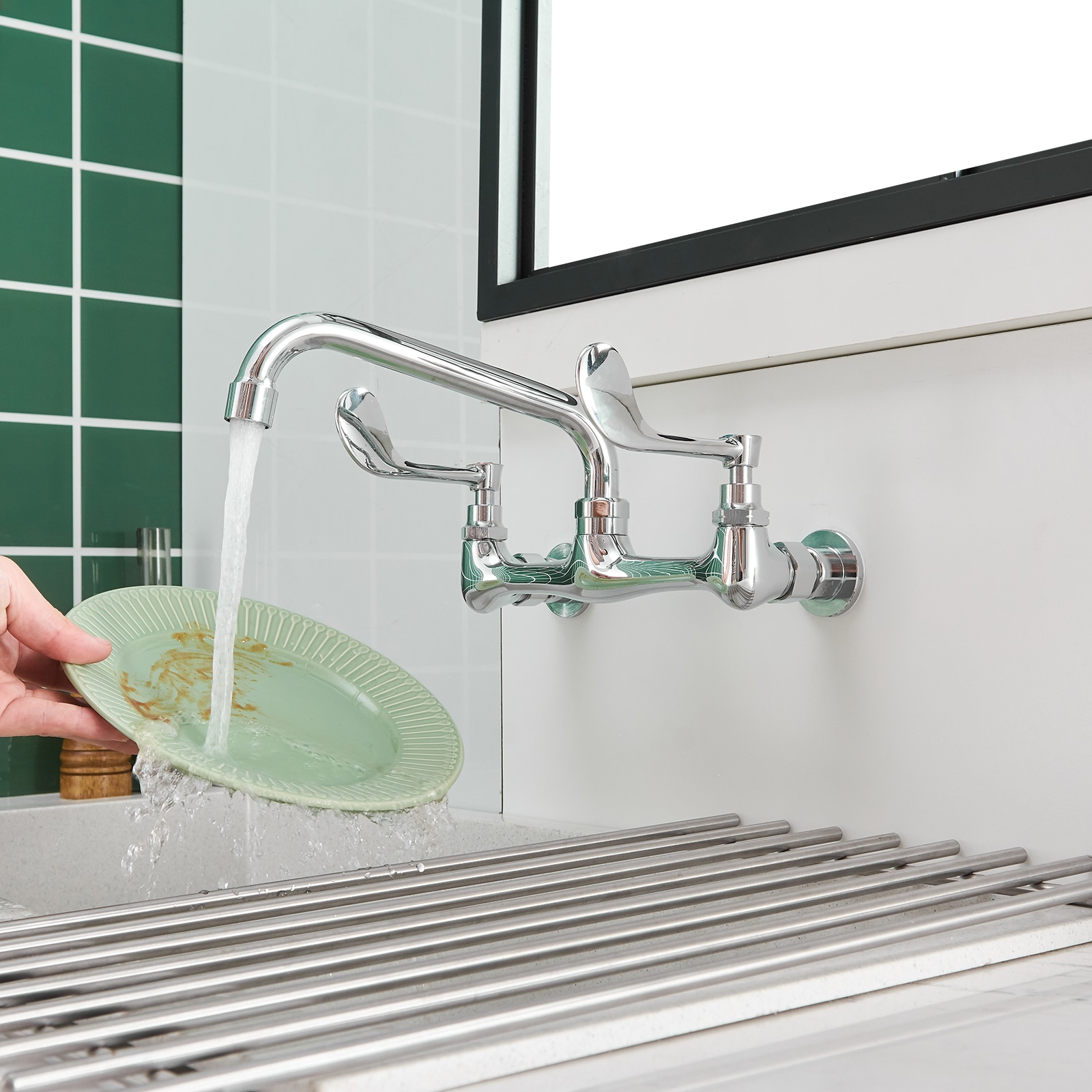 Polished Chrome Double Handle Wall Mount Kitchen Faucet