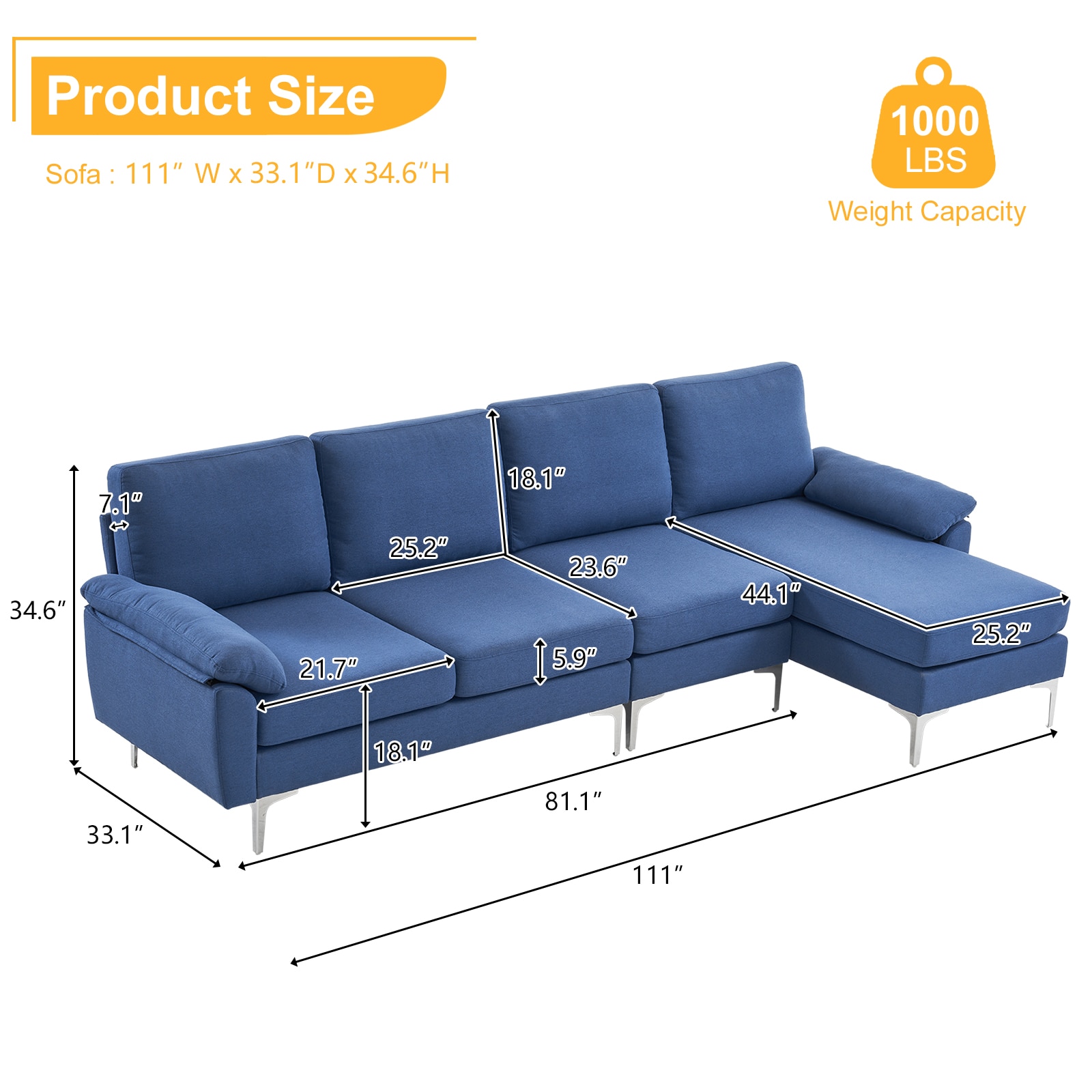 Outopee 111-in Modern Blue Linen Sectional in the Couches, Sofas ...