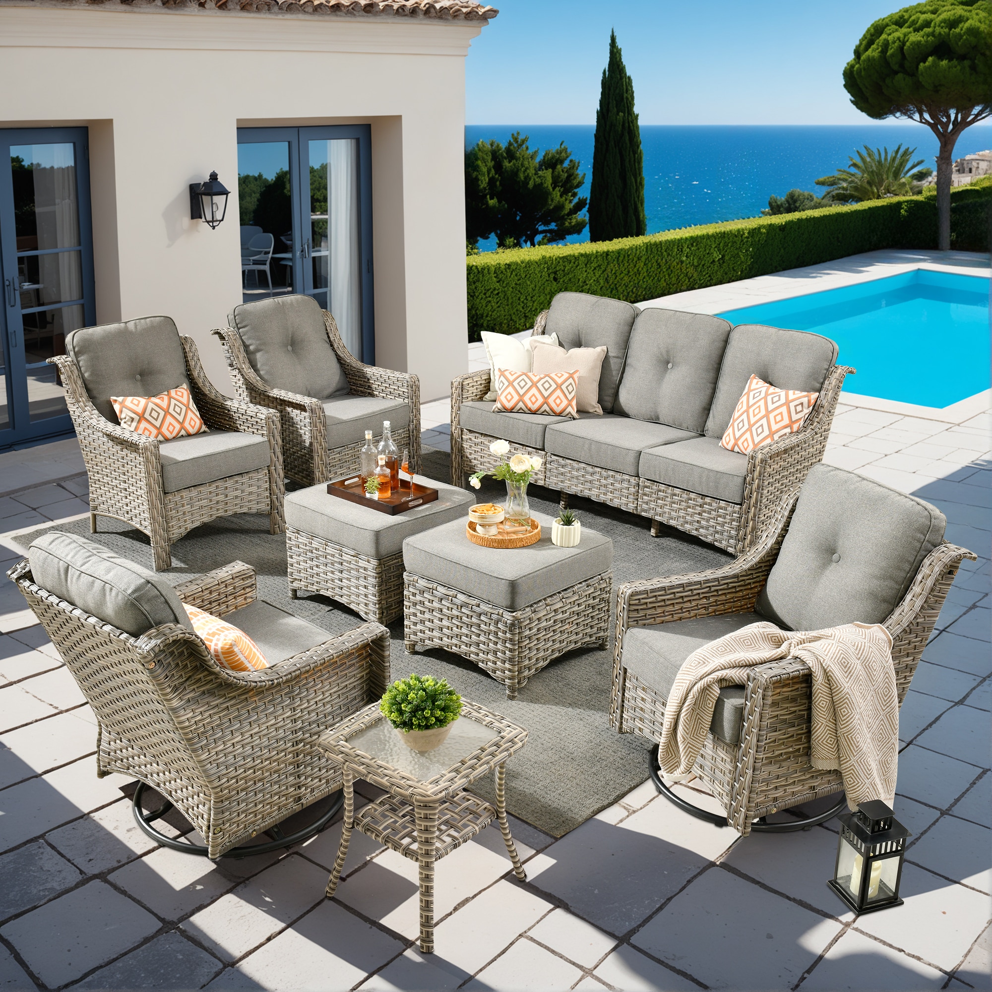XIZZI XIPAD2085-RC3 Pyrophyllite 8 -Piece Rattan Patio Sofa Conversation Set with Dark Gray Cushions