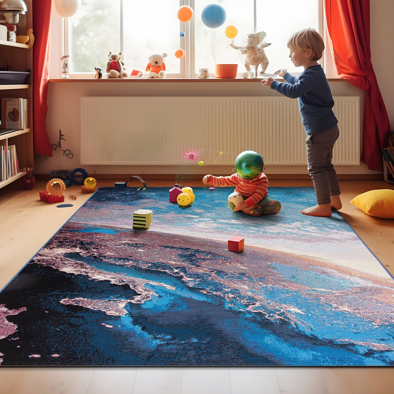 Cosmic Galaxy Red and Blue Rectangular Synthetic Rug 5' x 7'