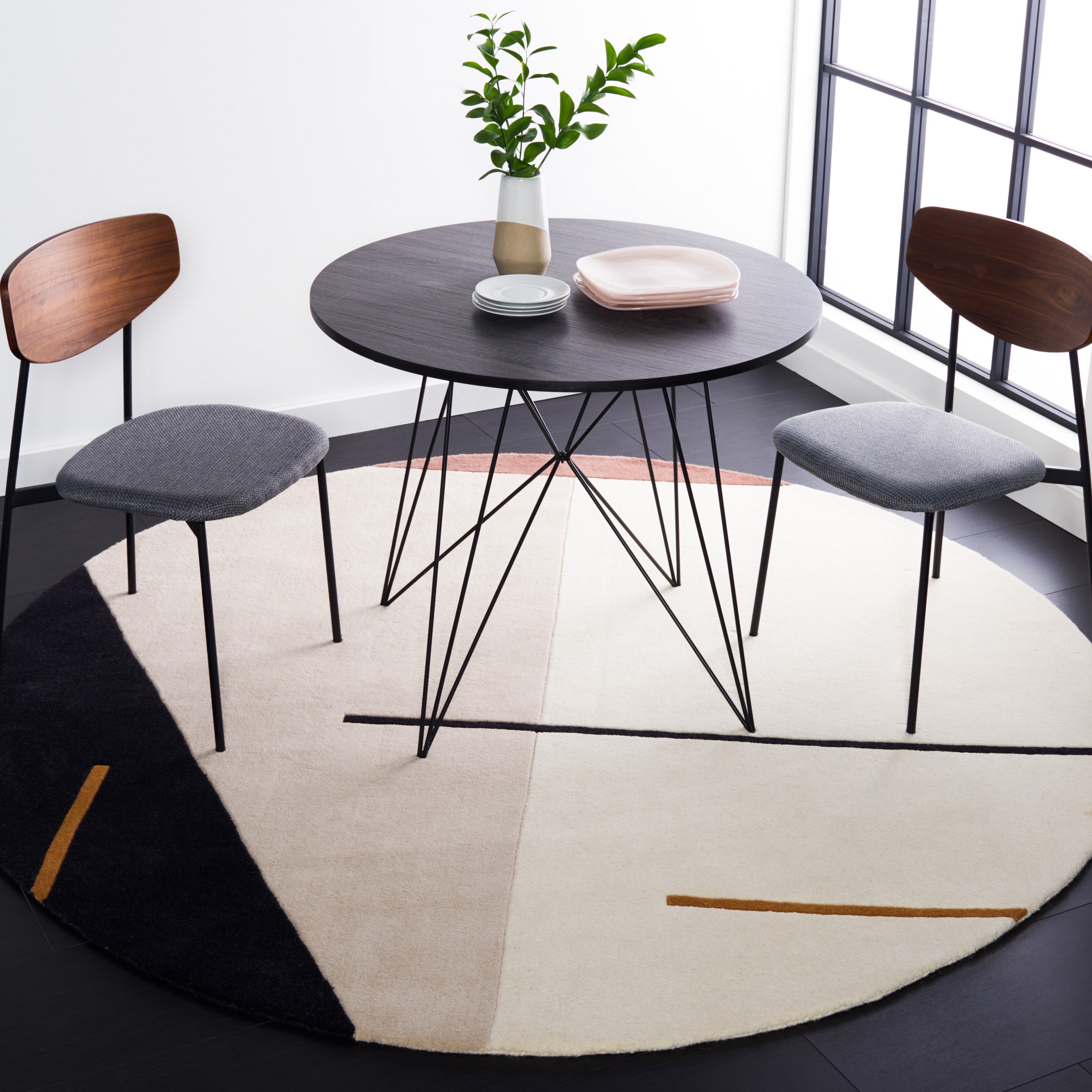 Round Black and Ivory Wool Silk Abstract Tufted Area Rug