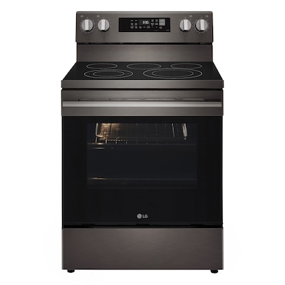 LG LREN6323ZE 30-in Glass Top 5 burners 6.3-cu ft Air Fry Convection Oven Freestanding Electric Range with WipeClean Coating ( Black Stainless Steel )