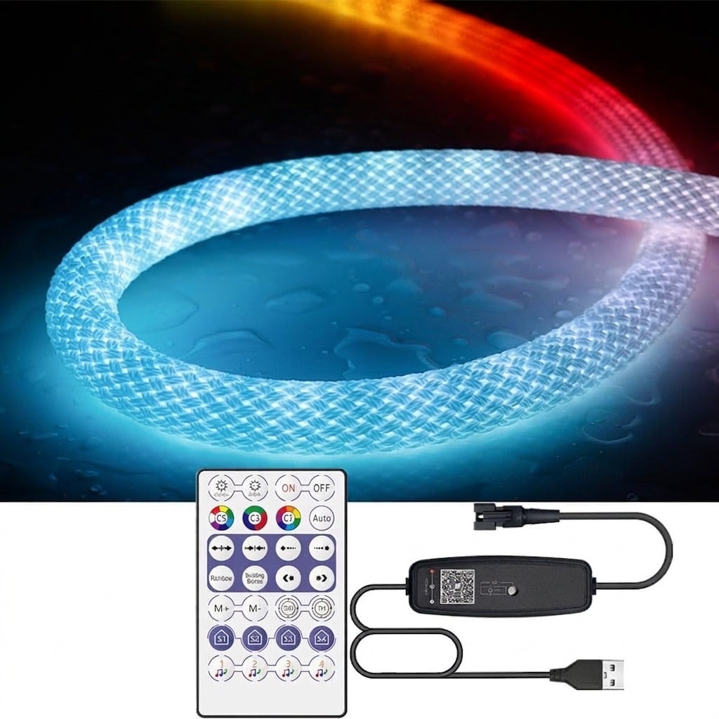  6.5FT WS2811 360 Degree Round Neon LED Strip 1 Roll with Controller RGB Nylon Flexible Rope Light Bluetooth APP Control DC5V Indoor Outdoor