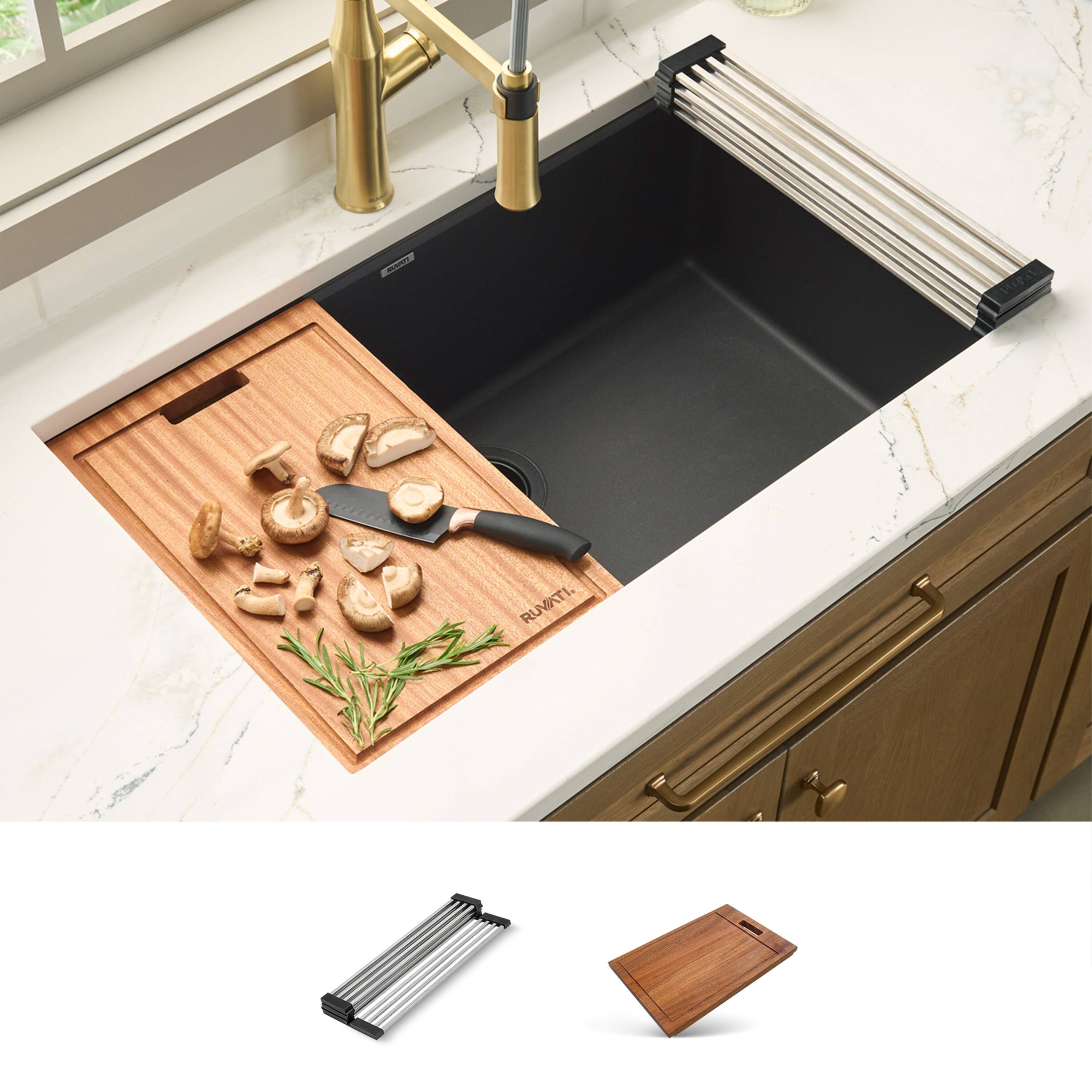 Ruvati RVG2303BK epiGranite Undermount 32.5-in x 19.25-in Granite Single bowl Workstation Kitchen Sink