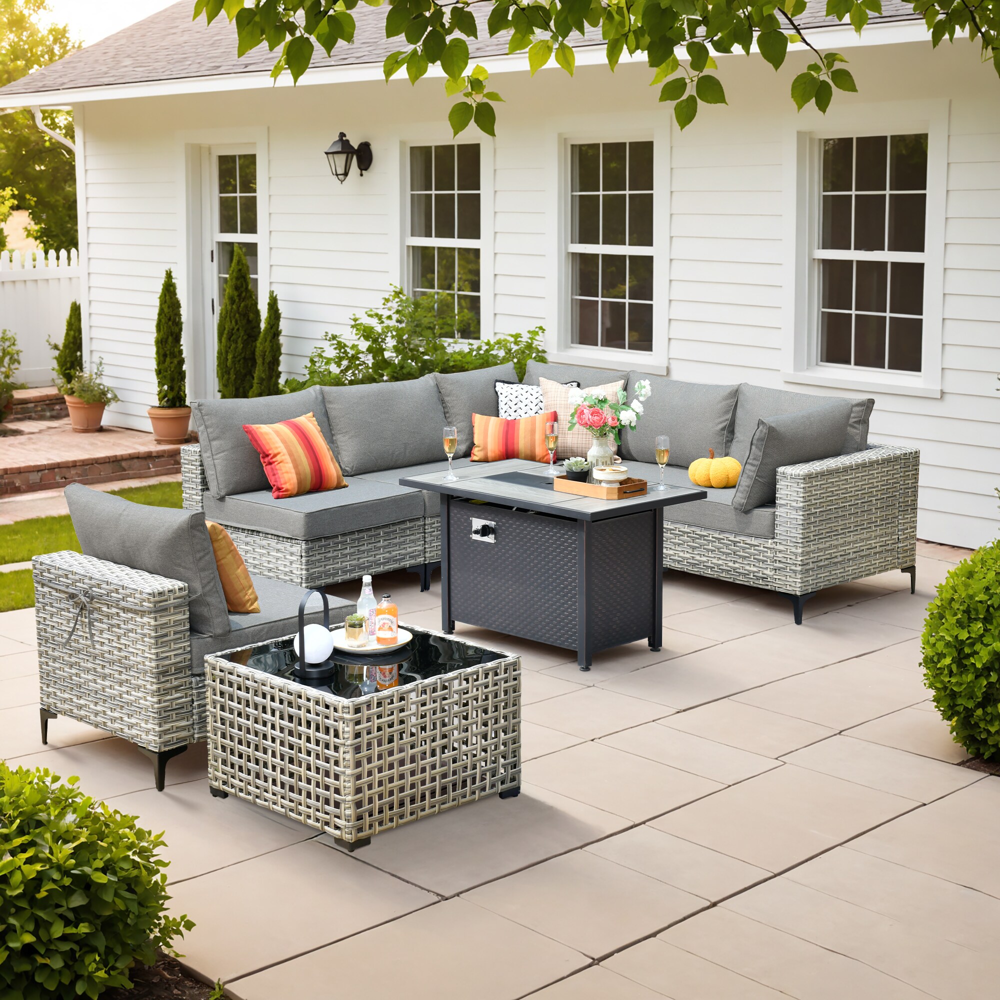 Pouuin SDFPSKT207 14 -Piece Wicker Patio Sofa Conversation Set with Dark Gray Cushions