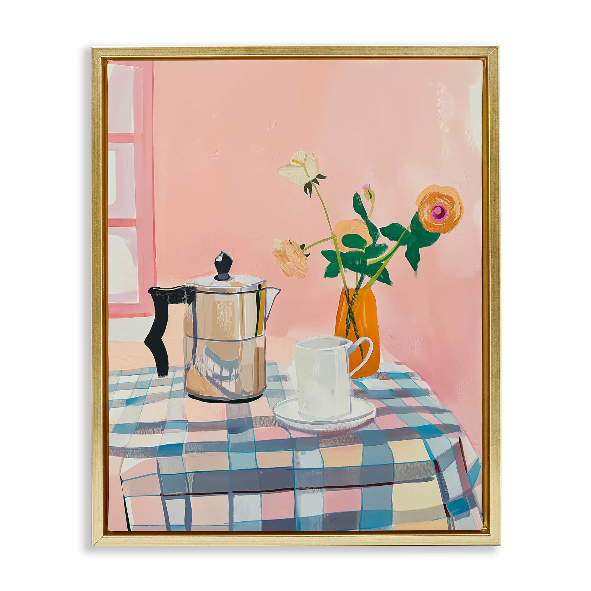 Stupell Industries BT-920-FFG-24X30 Pink Retro Kitchen Table Gold Framed Floater Canvas Wall Art By Arlington Prints 25 x 31