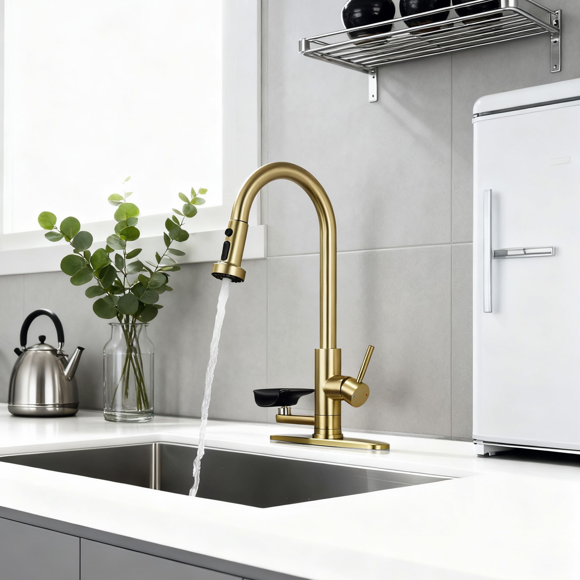 Huluwat 3-in-1 Kitchen Faucet with Press-Type Glass Rinser Universal ...