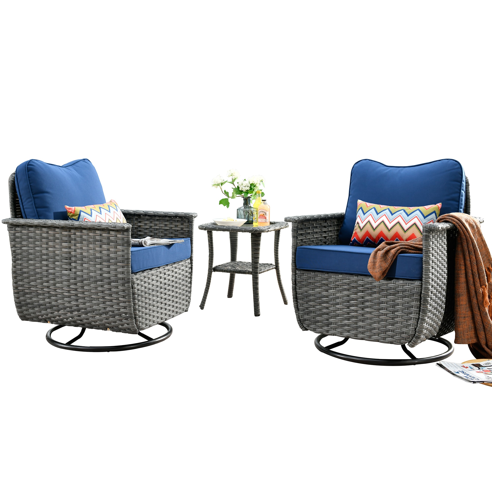 Ovios BP-7Y Nature 3 -Piece Wicker Patio Conversation Set with Blue Cushions
