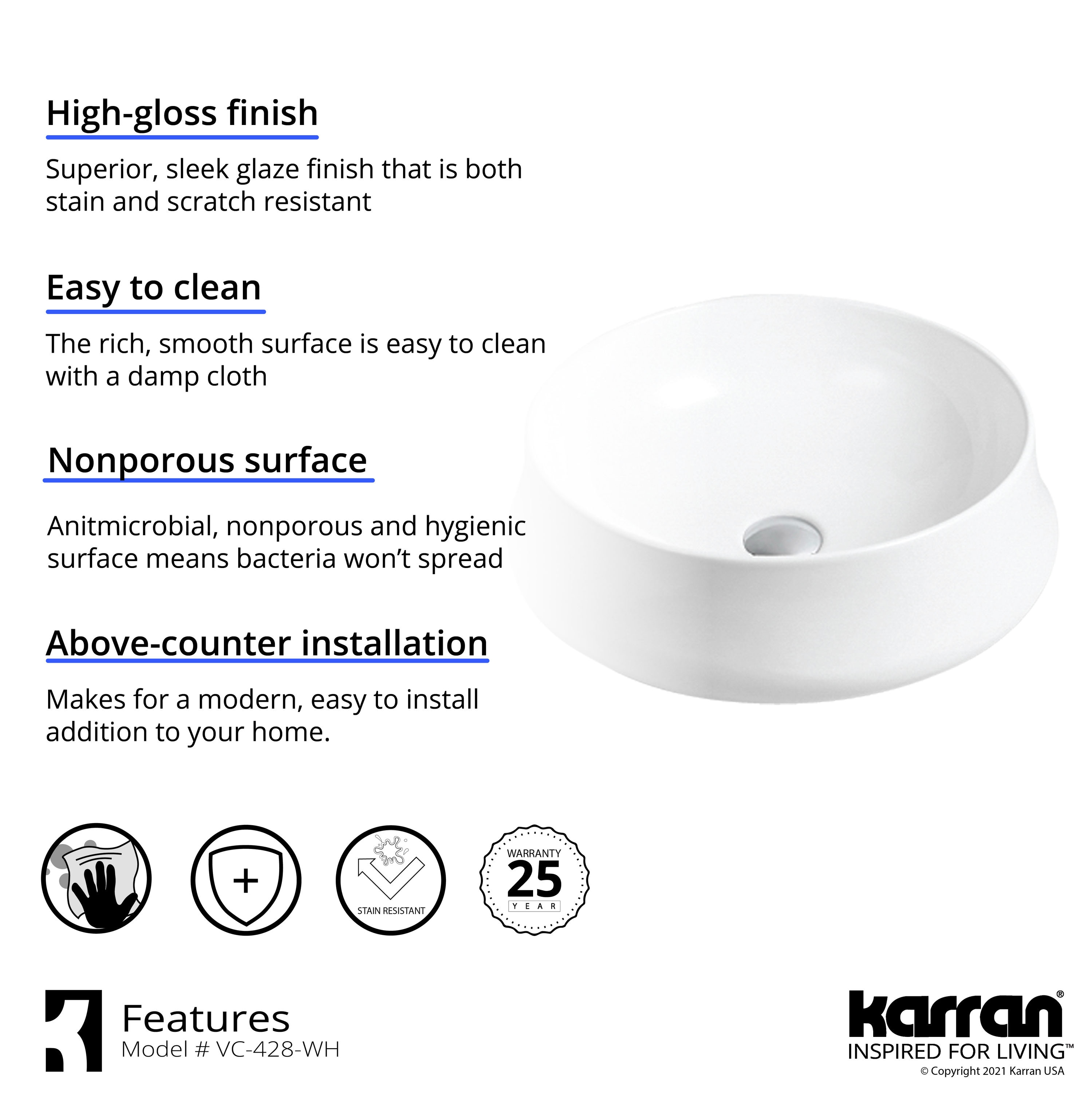 White Ceramic Round Above-Counter Vessel Sink, 18.25 in