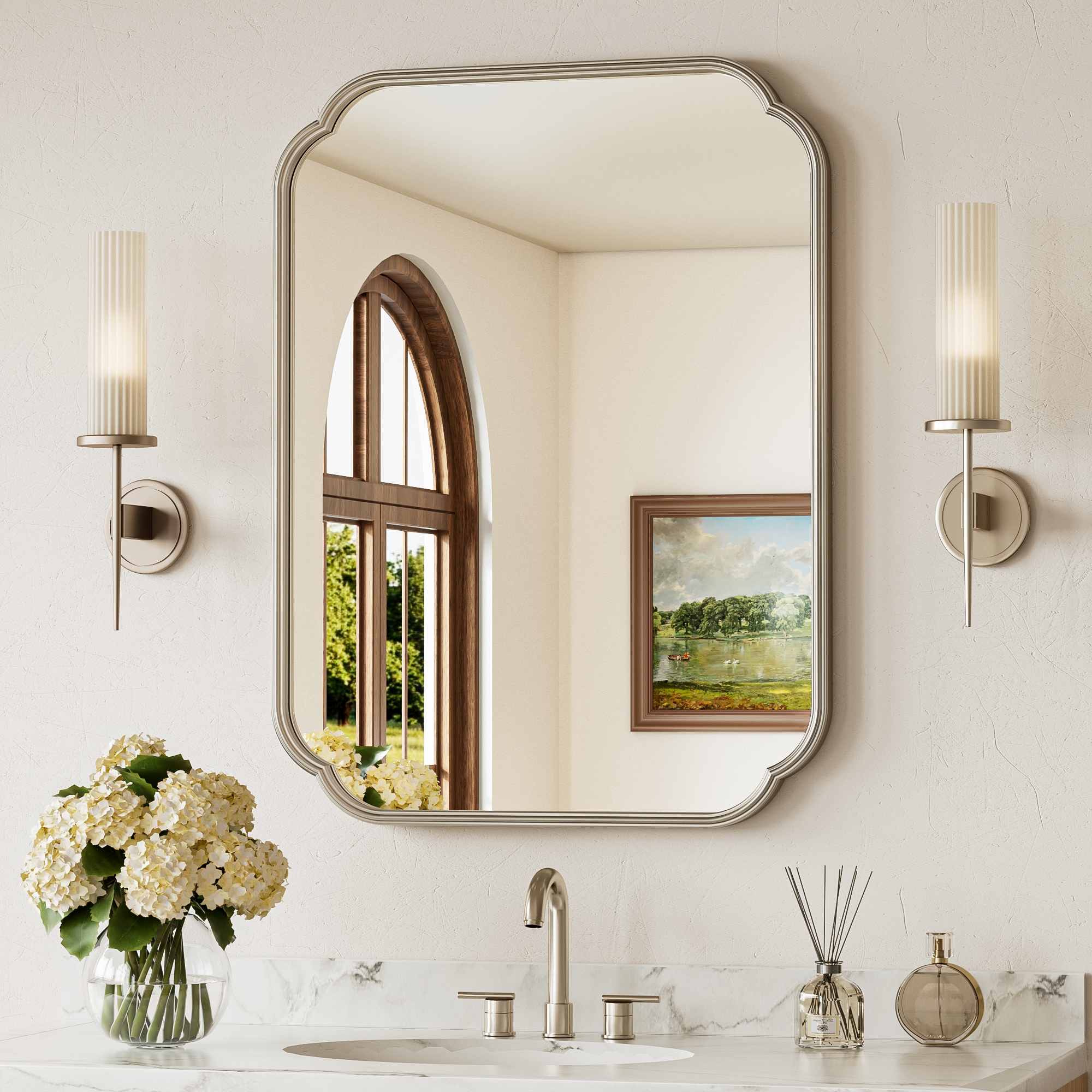 TETOTE Bathroom Mirror 24x32 Inch Brushed Nickle Rectangle Scalloped Vanity Mirror For Bathroom Bedroom Enterway Framed Wall Mirror #LSC-TE-2432RN-B95