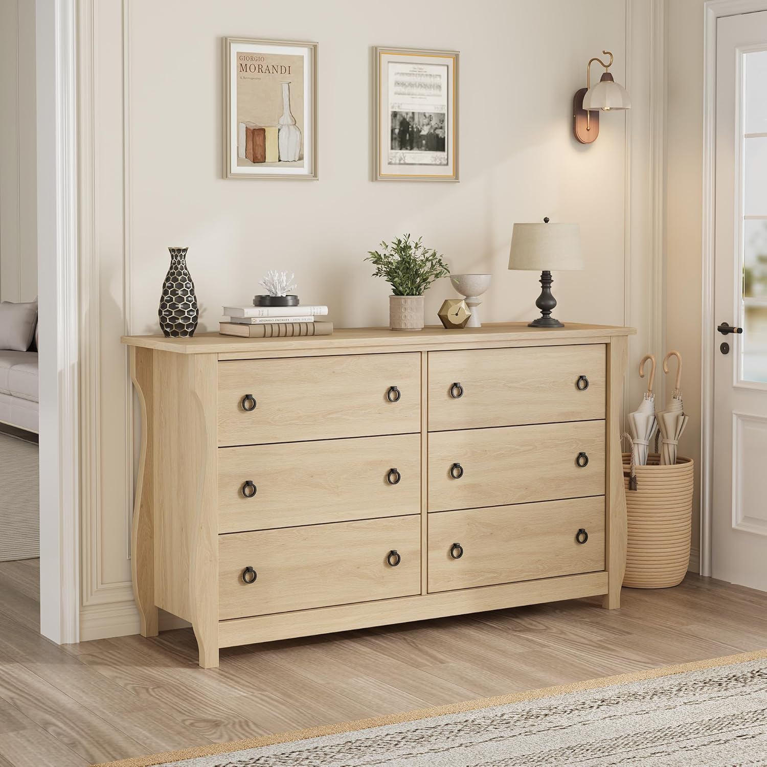 Qeetex LSDIBPHK335V9WJ4 Wood Color Wood Six Drawer Boho Dresser With Sliding Doors Curved Legs And Rattan Accents For Bedroom