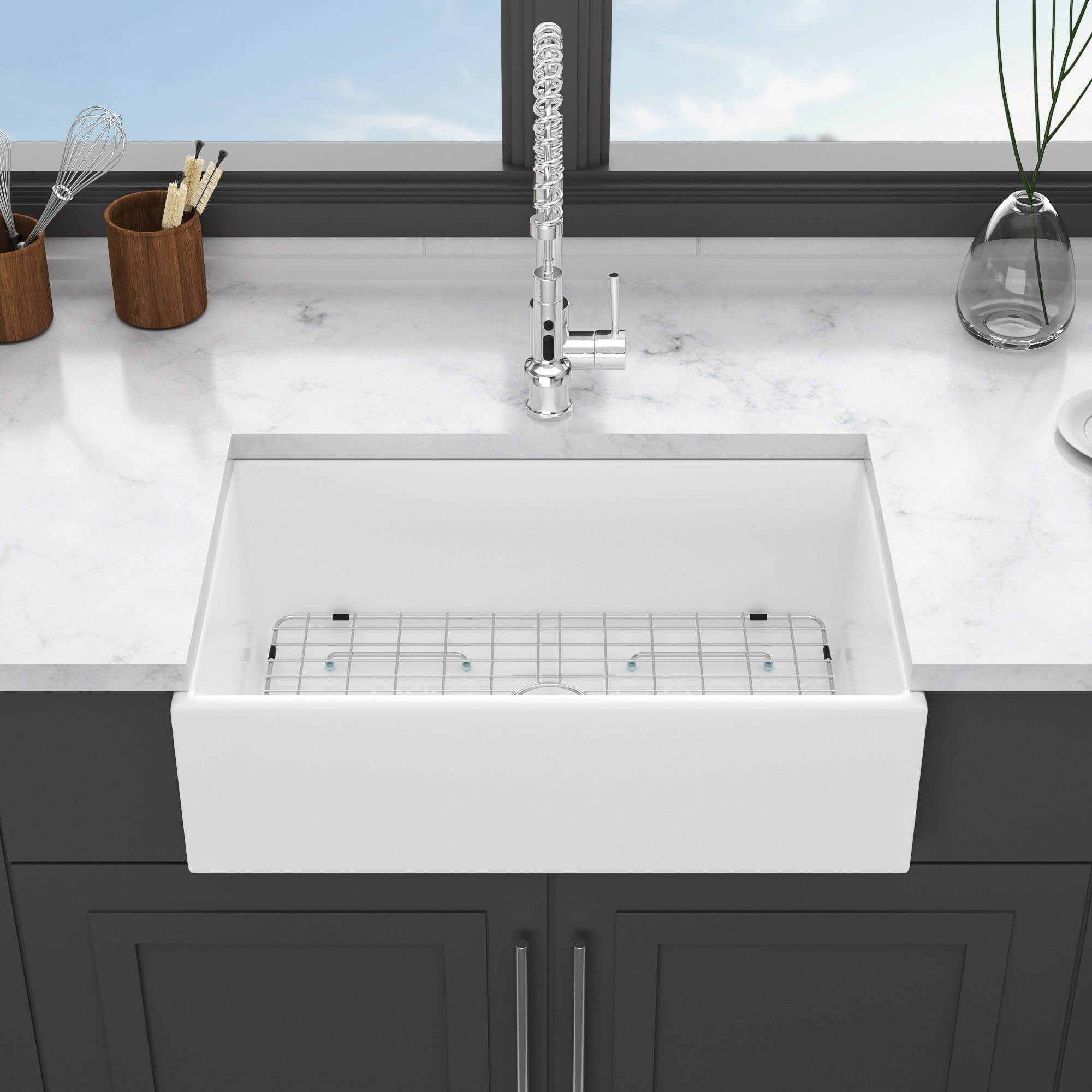 Afhocomp Farmhouse apron front 33-in x 18-in Ceramic 16 Gauge Single bowl Kitchen Sink in Off-white