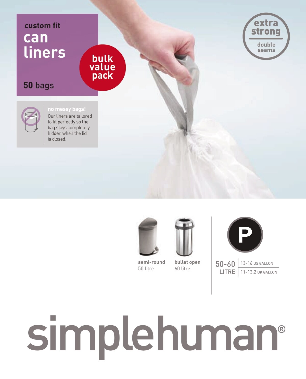 simplehuman Code P 50-60 Liter / 13-16 Gallon Custom Fit Drawstring Trash Bags 100 Pack White