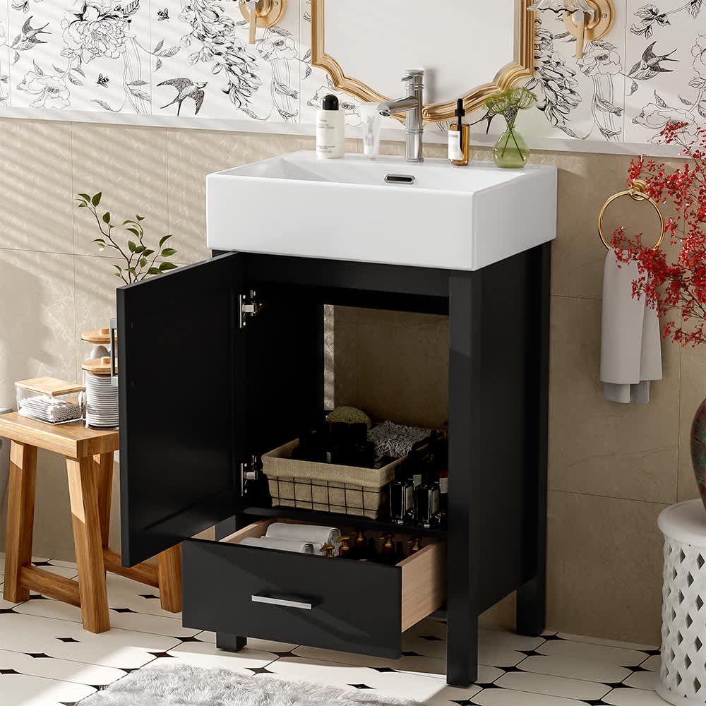 JUJABU ZJBATHROVAN-1 Black 20.28in Modern Bathroom Vanity with Ceramic Sink Solid Wood Frame and Drawer for Small Bathrooms