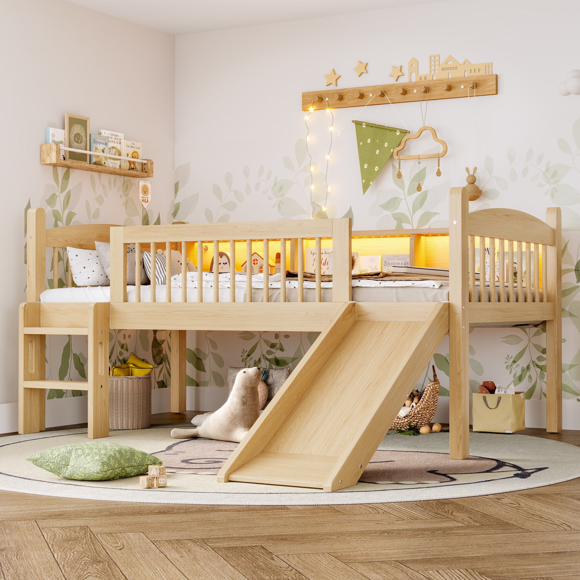 LOVMOR - Twin XL Loft Bed with Storage Shelves Solid Wood Lower Loft Bed with LED Lights and Full...