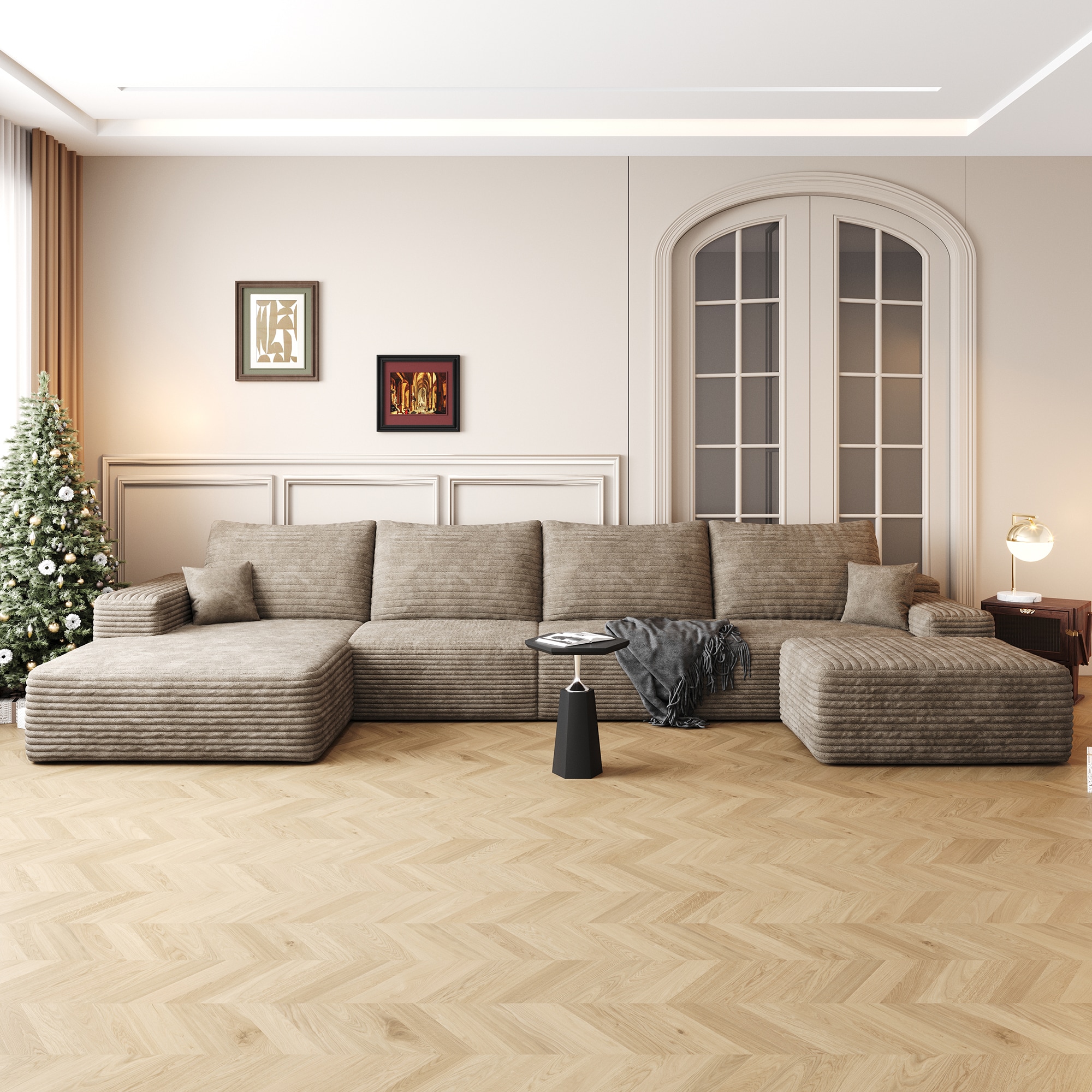  00058-CAMEL Sofa 135-in W Casual Camel 4-seater Reclining Sectional with Slipcover