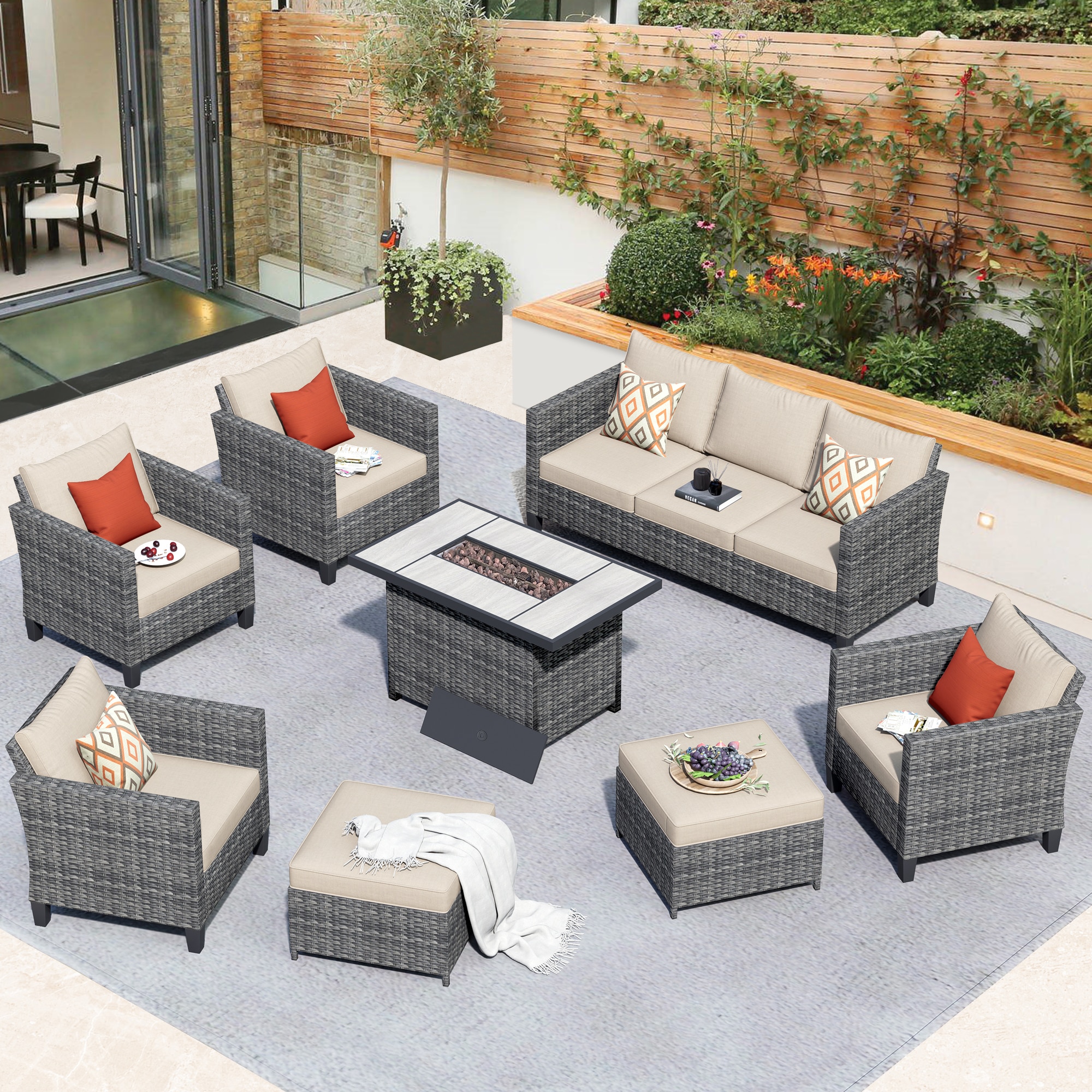 Pouuin SRFPGRS608 8 -Piece Wicker Patio Sofa Conversation Set with Beige Cushions