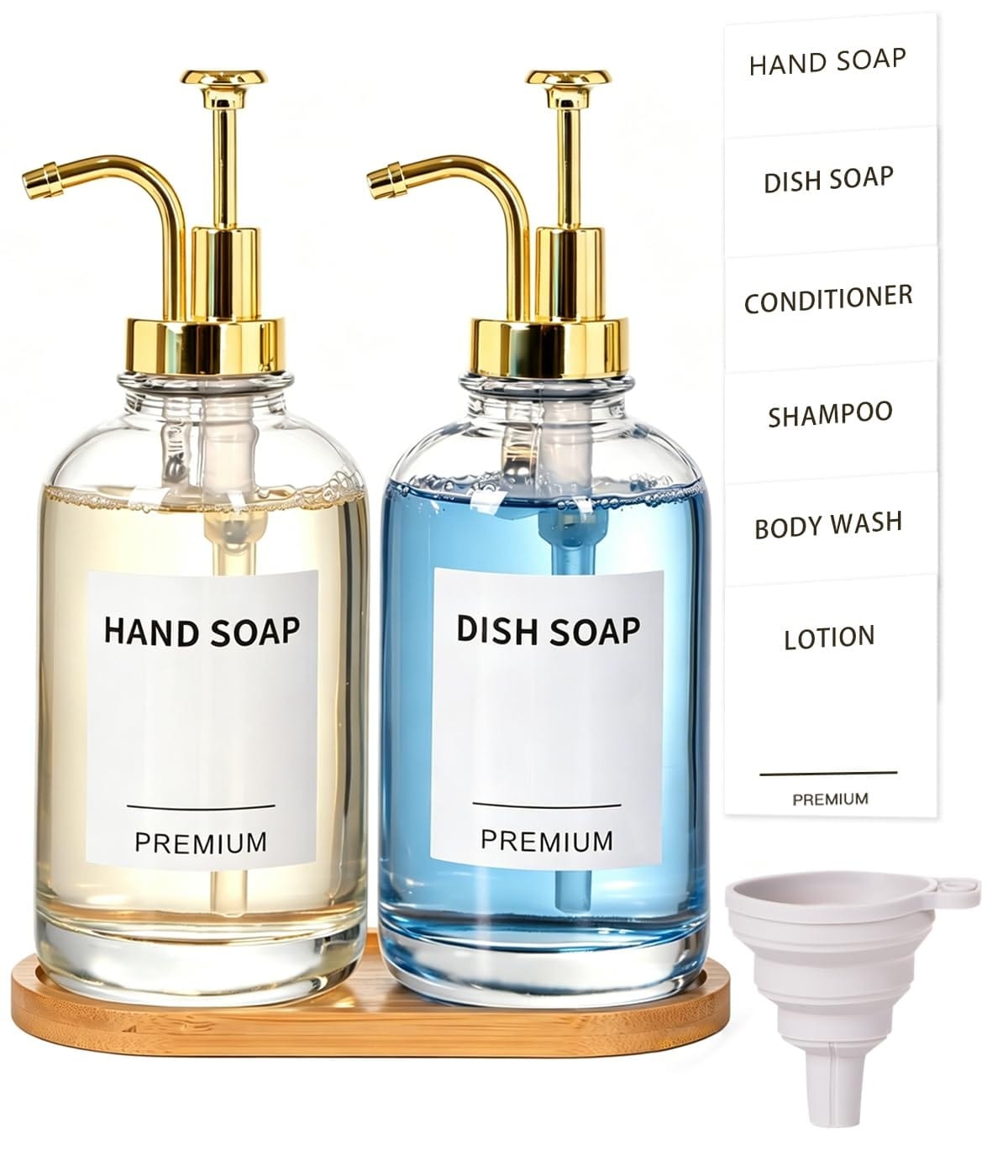 Phyfalip  Glass Soap Dispenser Set 2 Pack 18 oz Clear Bottles with ABS Pump Tray Funnel and 12 Labels for Kitchen Bathroom Shower Laundry