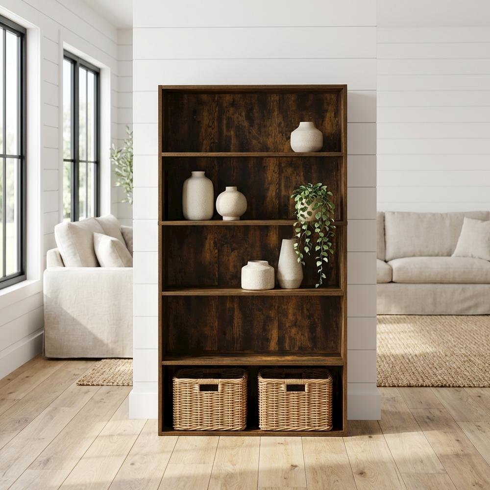 FurniFact Amber Pine 5-Tier Open Shelf Bookcase with Spacious Multi ...