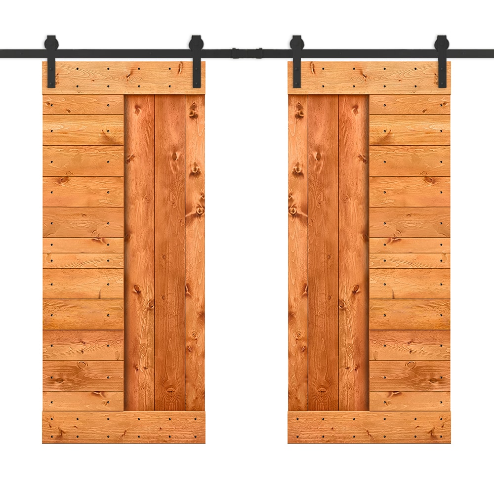CALHOME MK-72(2+N2-24R(2+CN 48-in x 84-in Red Walnut Stained Pine Wood Solid core Double Barn Door (Hardware Included)