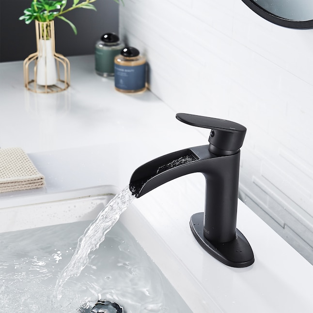 FORIOUS Black with Drain Single Hole 1-handle Waterfall Bathroom Sink ...