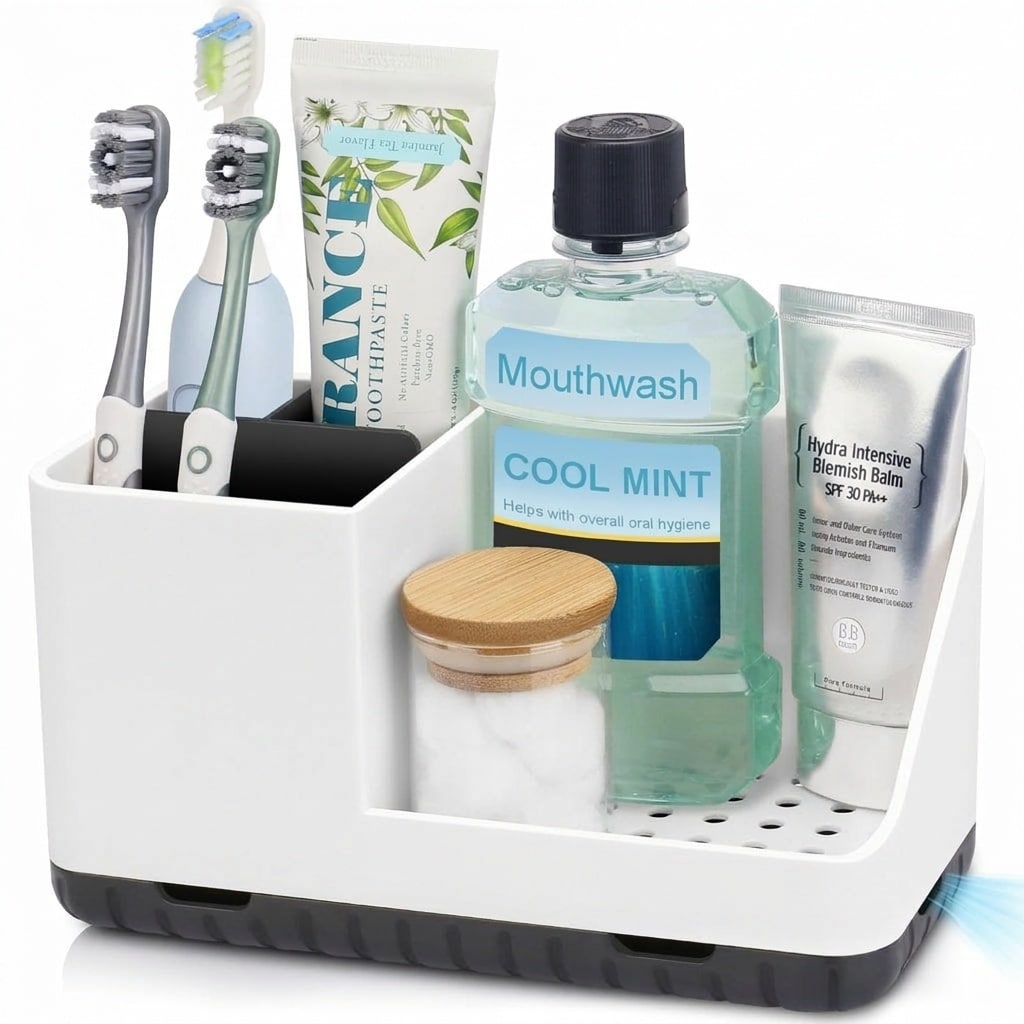 Phyfalip  Bathroom Countertop Organizer White Multi Compartment Storage for Toothbrush Toothpaste Cosmetics Removable Easy Clean Design