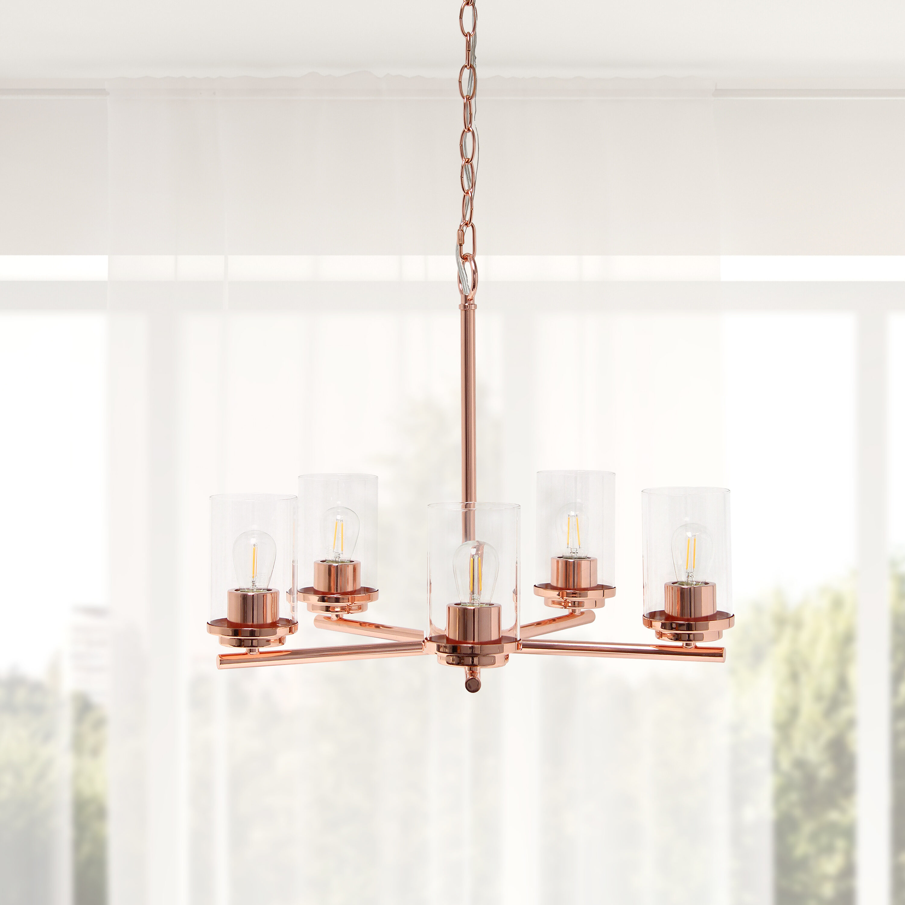 Elegant Rose Gold 5-Light Glass Pendant Chandelier, 20.5in