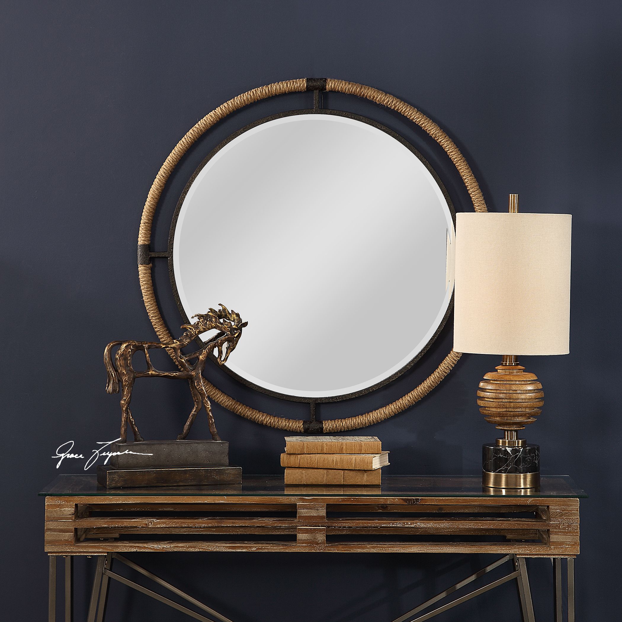 Commerce Street 09475 36.25-in W x 36.25-in H Round Rust black Framed Wall Mirror