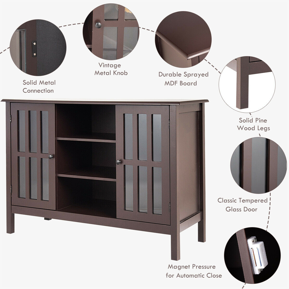 Elegant Tall Brown TV Console with Cabinet Storage and Shelves