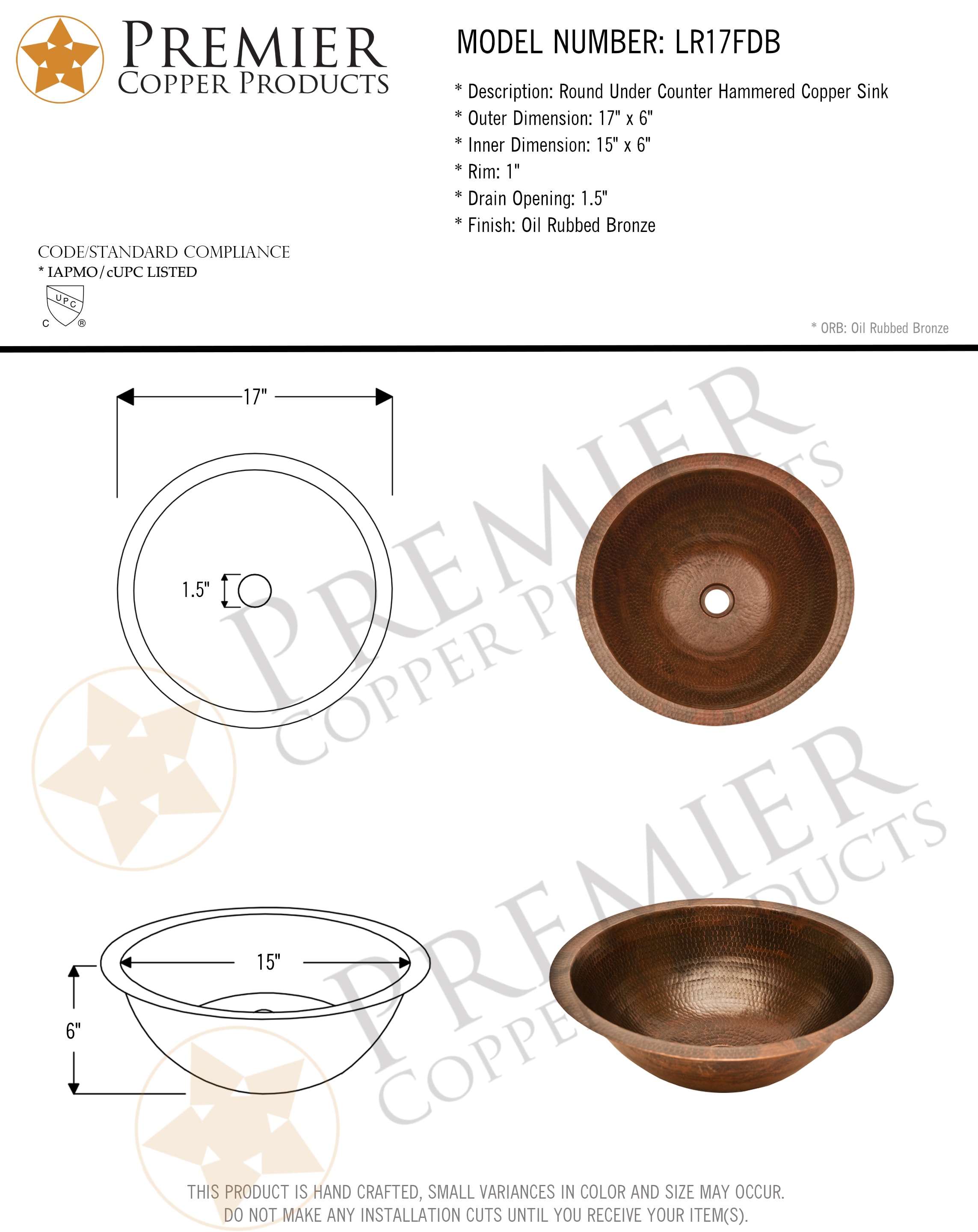 PREMIER COPPER PRODUCTS LR17FDB Bath-Sink - View #6