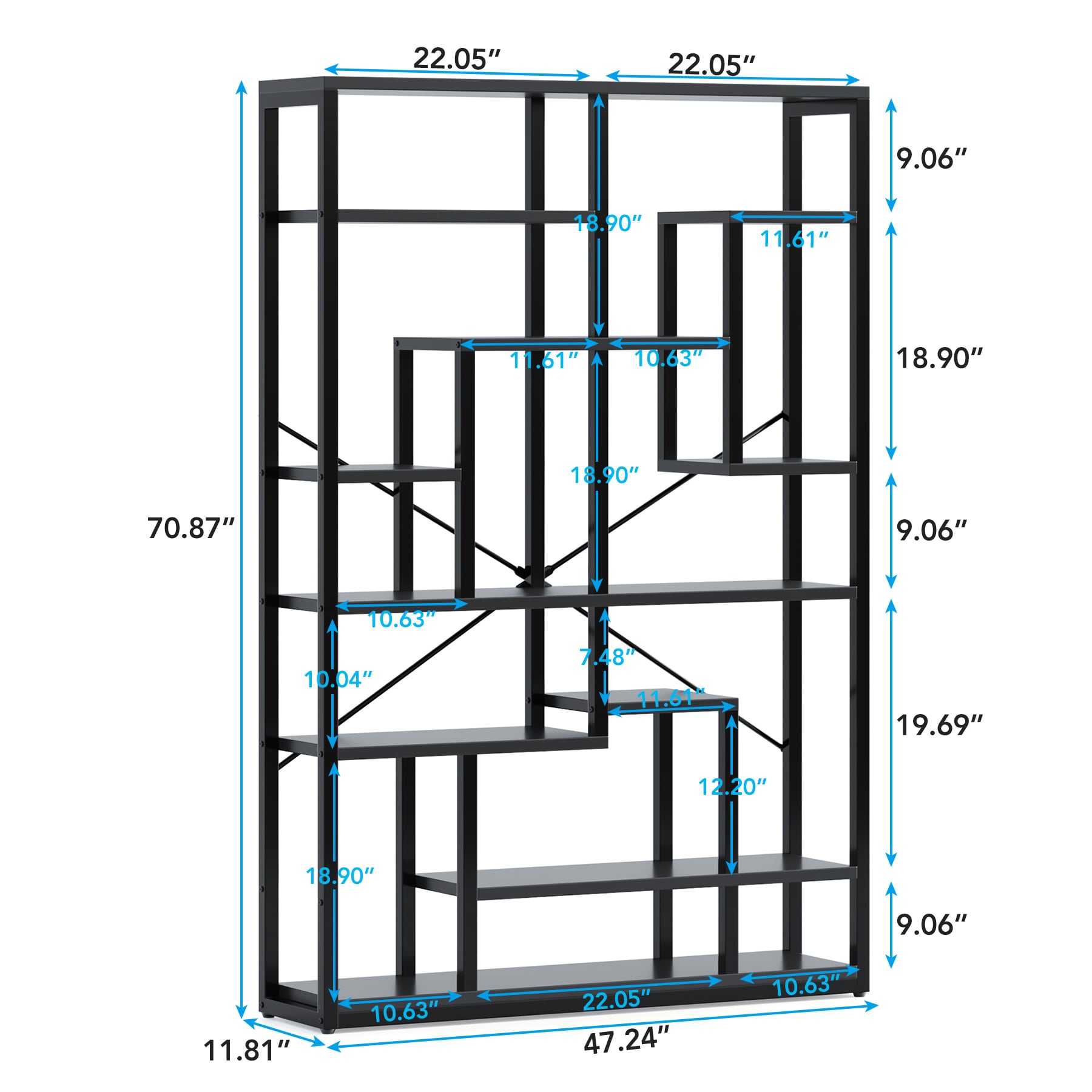 Tribesigns Black Metal 9-Shelf Bookcase (47.2-in W x 70.8-in H x 11.8 ...