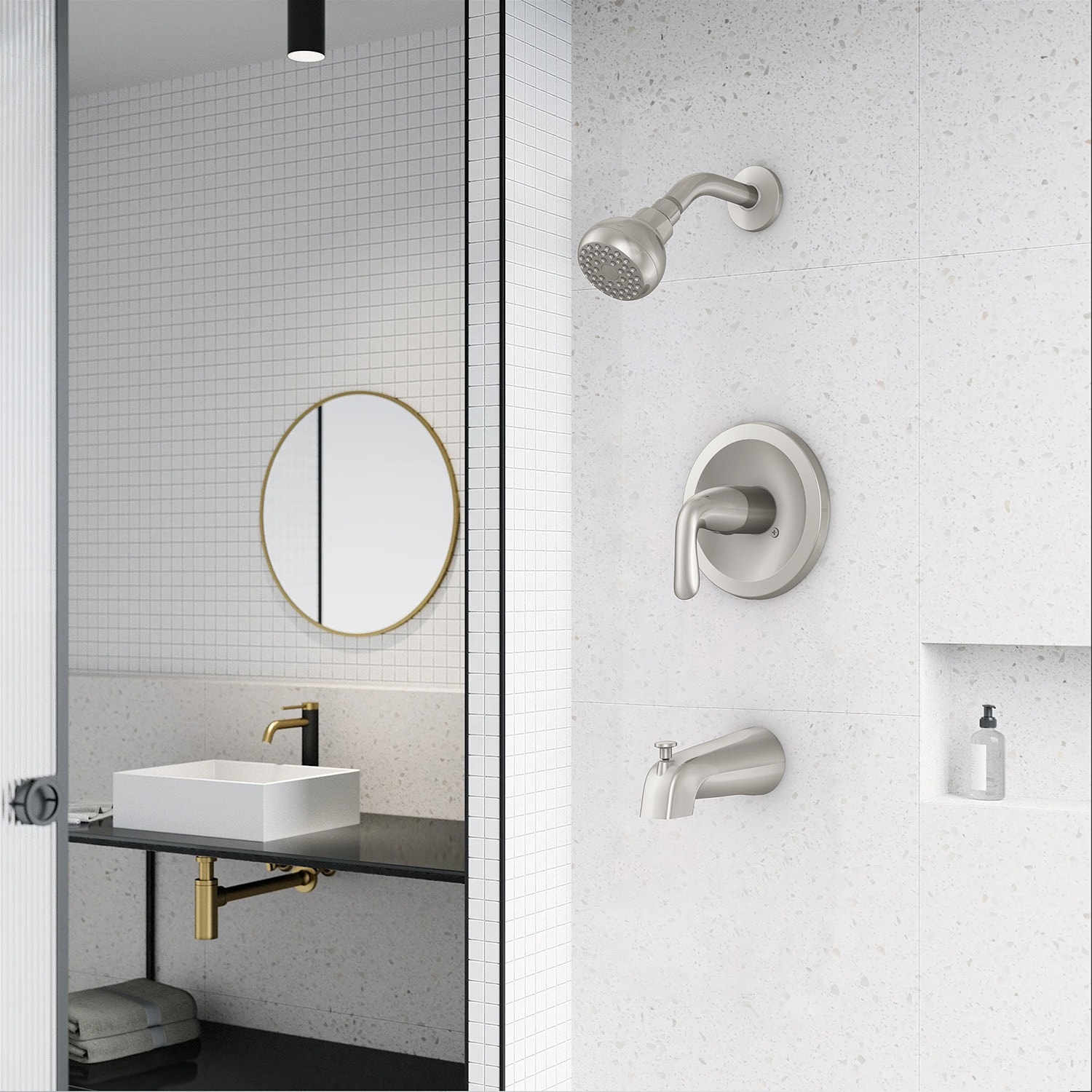Project Source T00162B Aldean Nickel 1-handle Wall-mount Low-arc Bathtub Faucet with Hand Shower ( Valve Included )