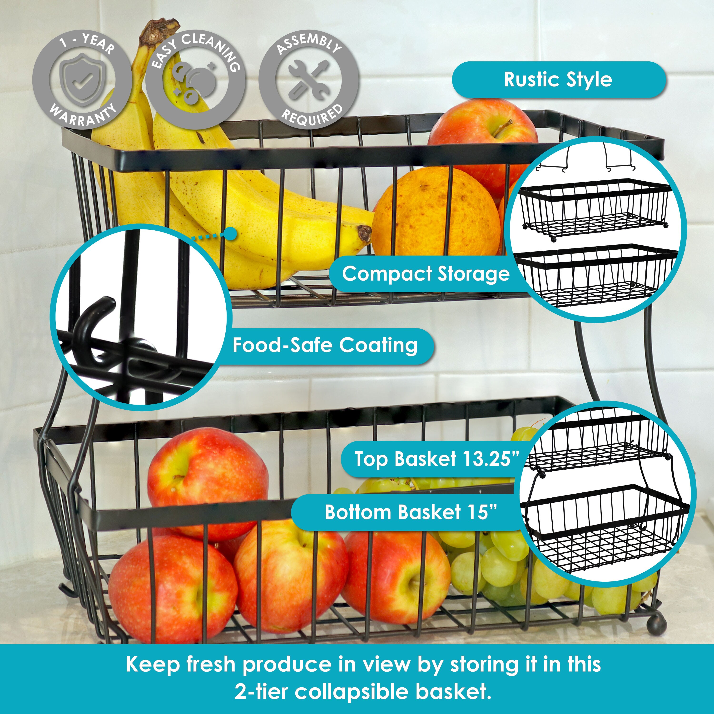 Black Metal 2-Tier Collapsible Fruit Basket