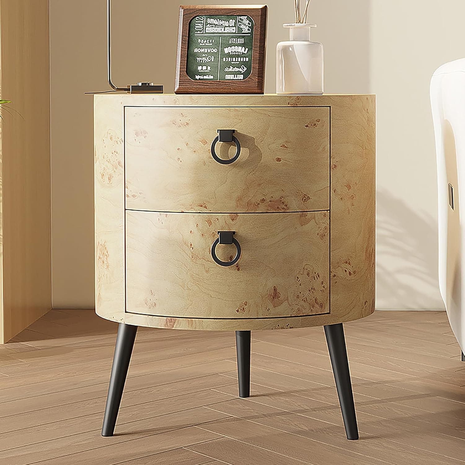 IdealHouse Modern Round Side Table With Drawers- Stylish Wooden Accent End Table With Metal Legs- Ideal Nightstand For Living Space Or Bedroom Storage