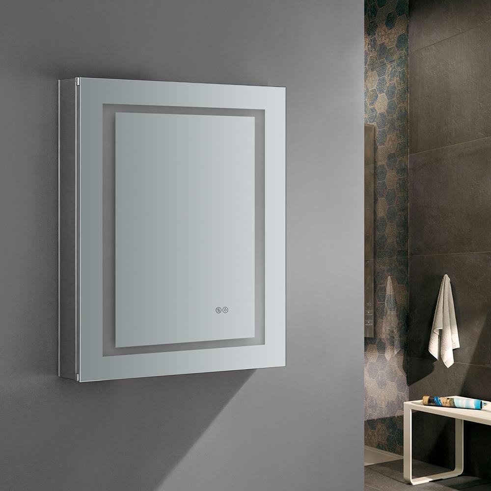 Fresca Spazio 24-in x 30-in Lighted LED Fog Free Surface/Recessed Mount LED  Lighting Mirror- Left Mirrored Rectangle Soft Close Medicine Cabinet with  Outlet in the Medicine Cabinets department at