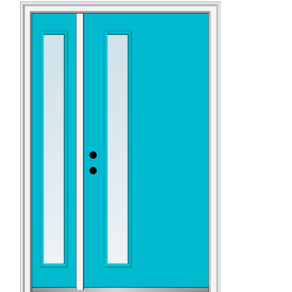 MMI DOOR ZZ345724R Spotlights 48-in x 80-in x 4-9/16-in Fiberglass Pulse lite Right-hand inswing Bahama Blue Painted Prehung Front Door with Left Sidelight with Brickmould Insulating core